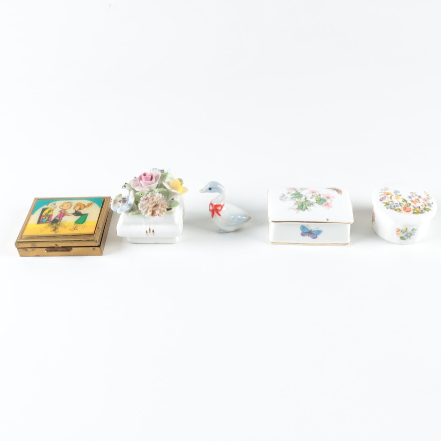 Porcelain Trinket Boxes and Figurine plus Vintage Compact
