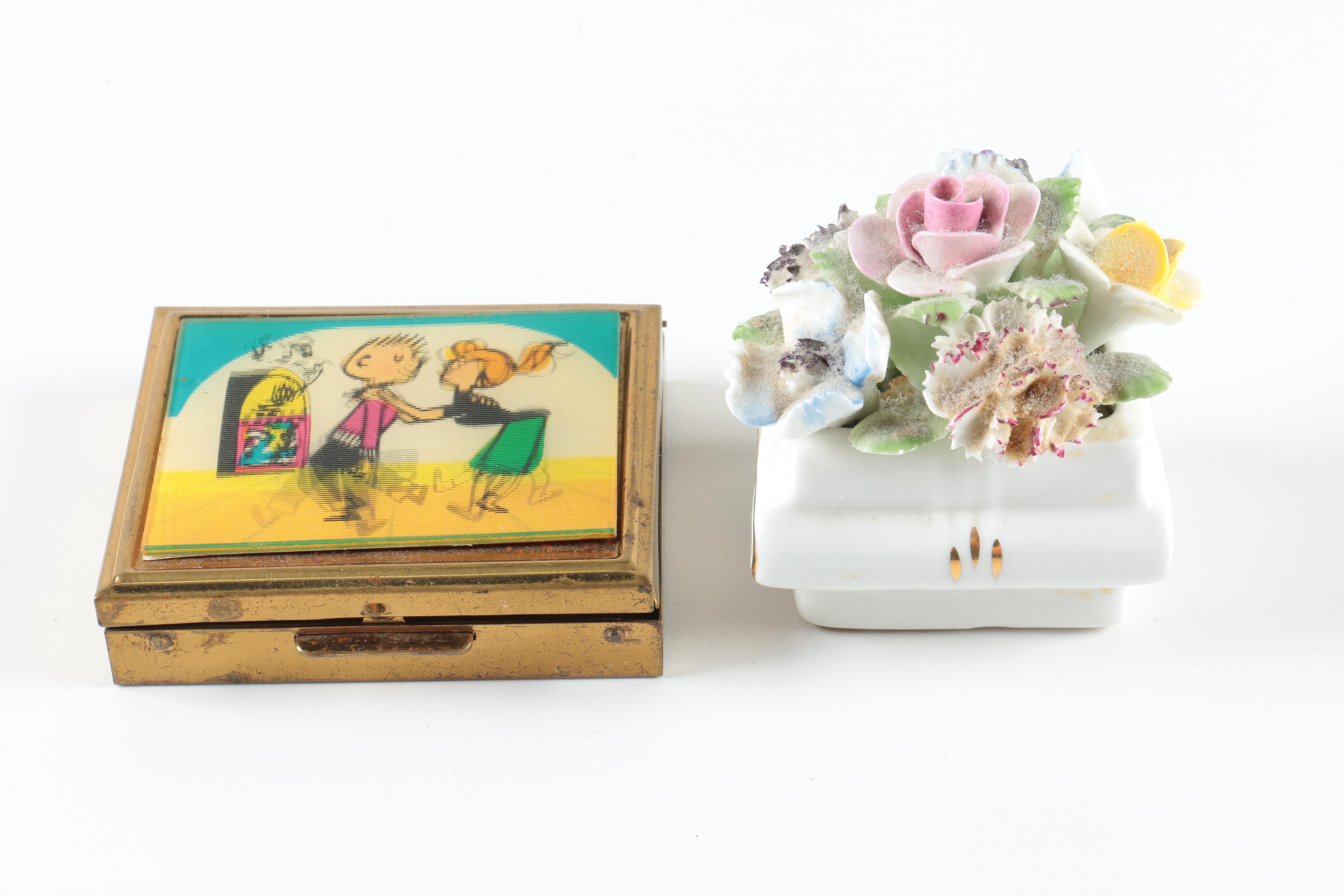 Porcelain Trinket Boxes and Figurine plus Vintage Compact