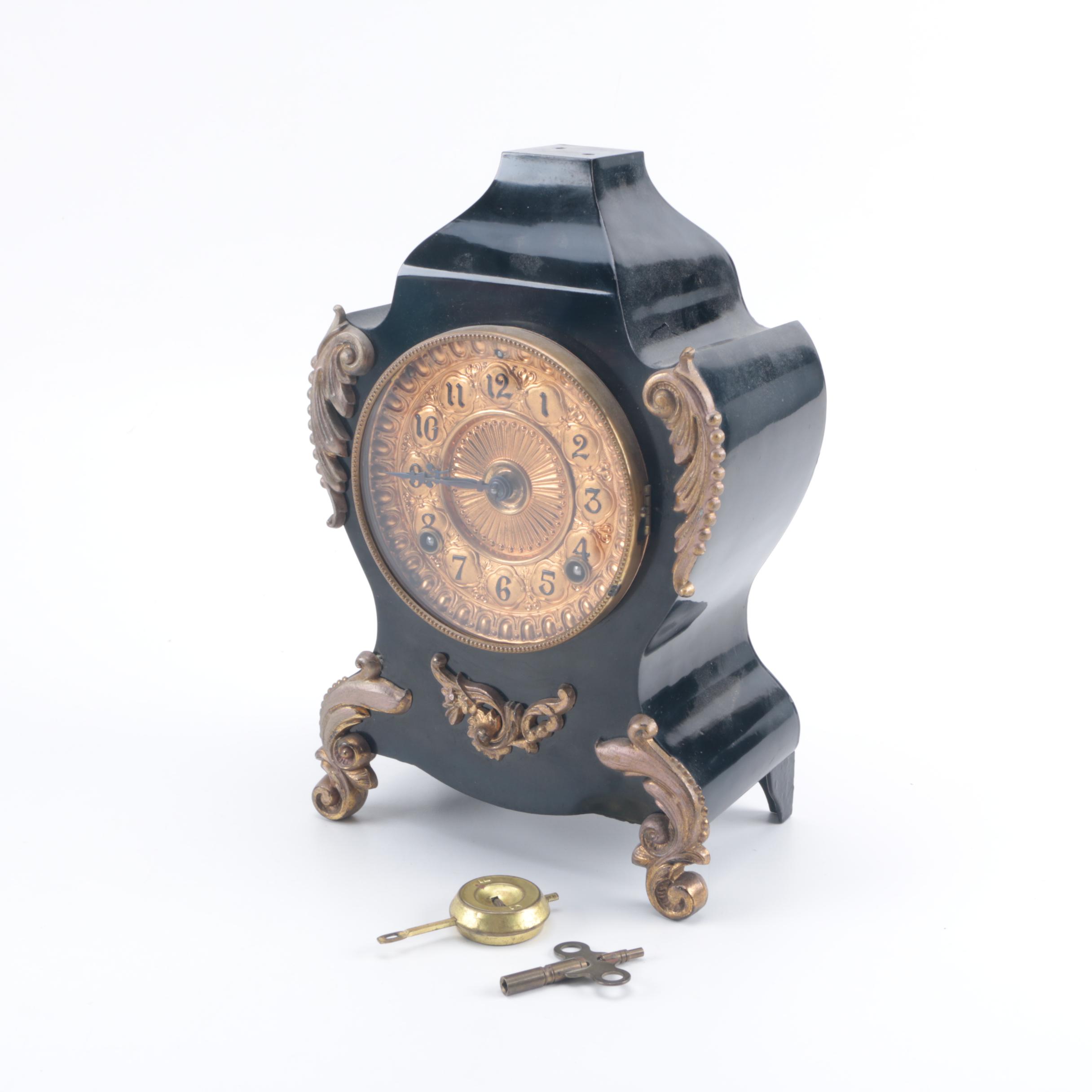 Vintage Black Lacquered Mantel Clock by Ansonia