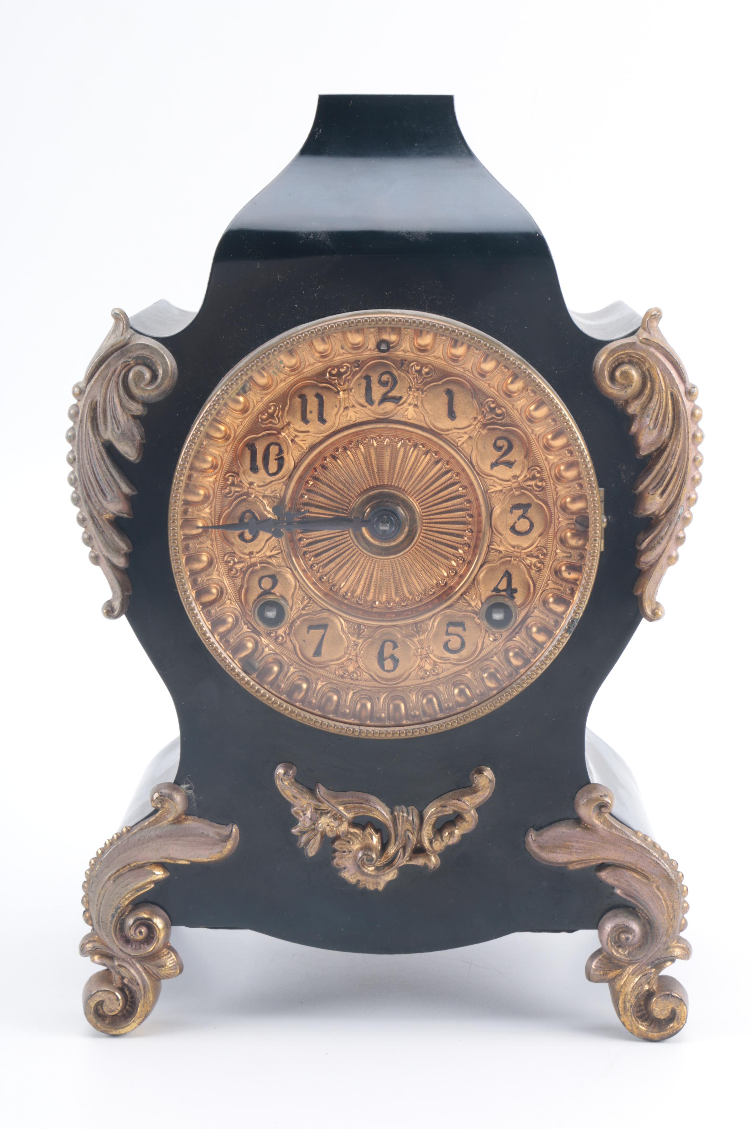 Vintage Black Lacquered Mantel Clock by Ansonia
