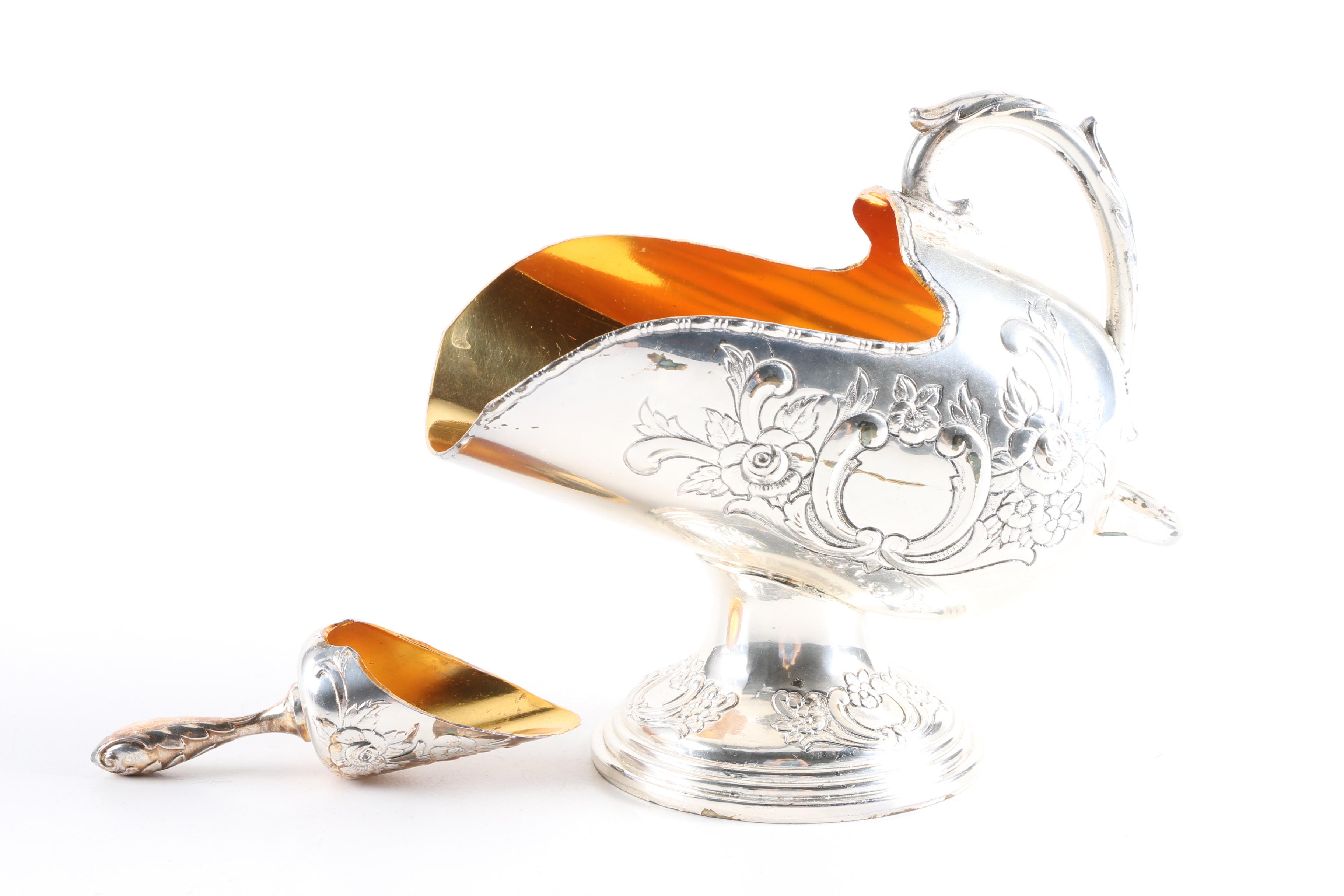 Raimond Silver Plate Sugar Scuttle and Scoop with Gold-Washed Interiors