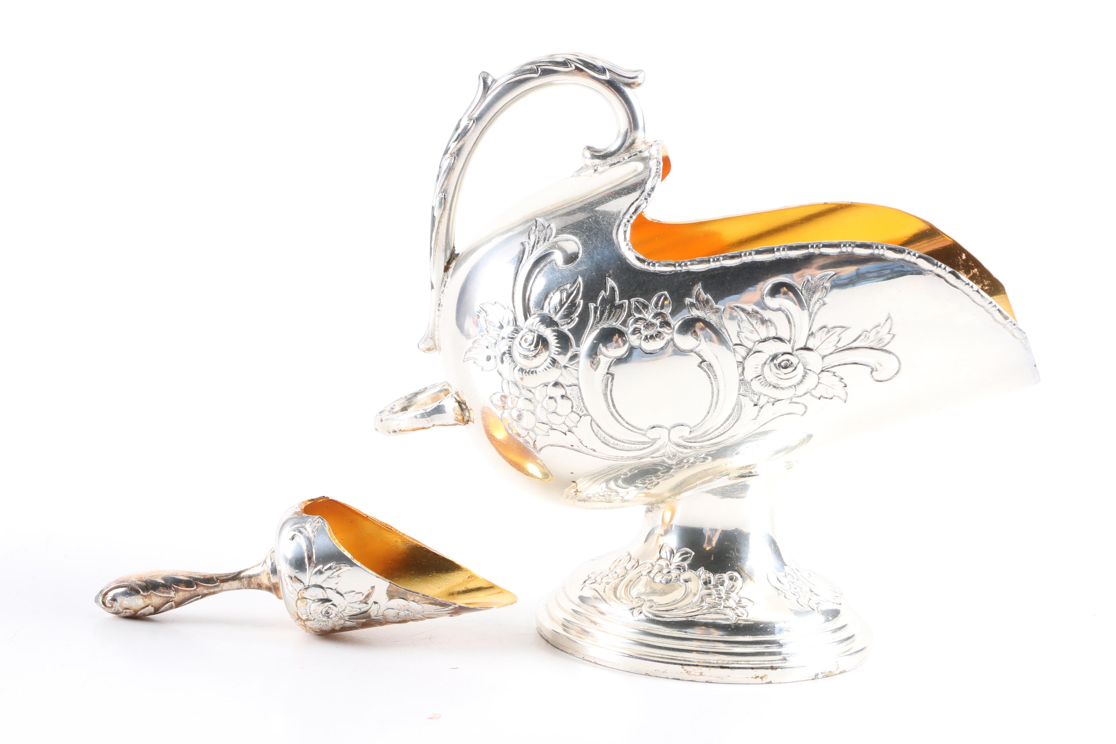 Raimond Silver Plate Sugar Scuttle and Scoop with Gold-Washed Interiors