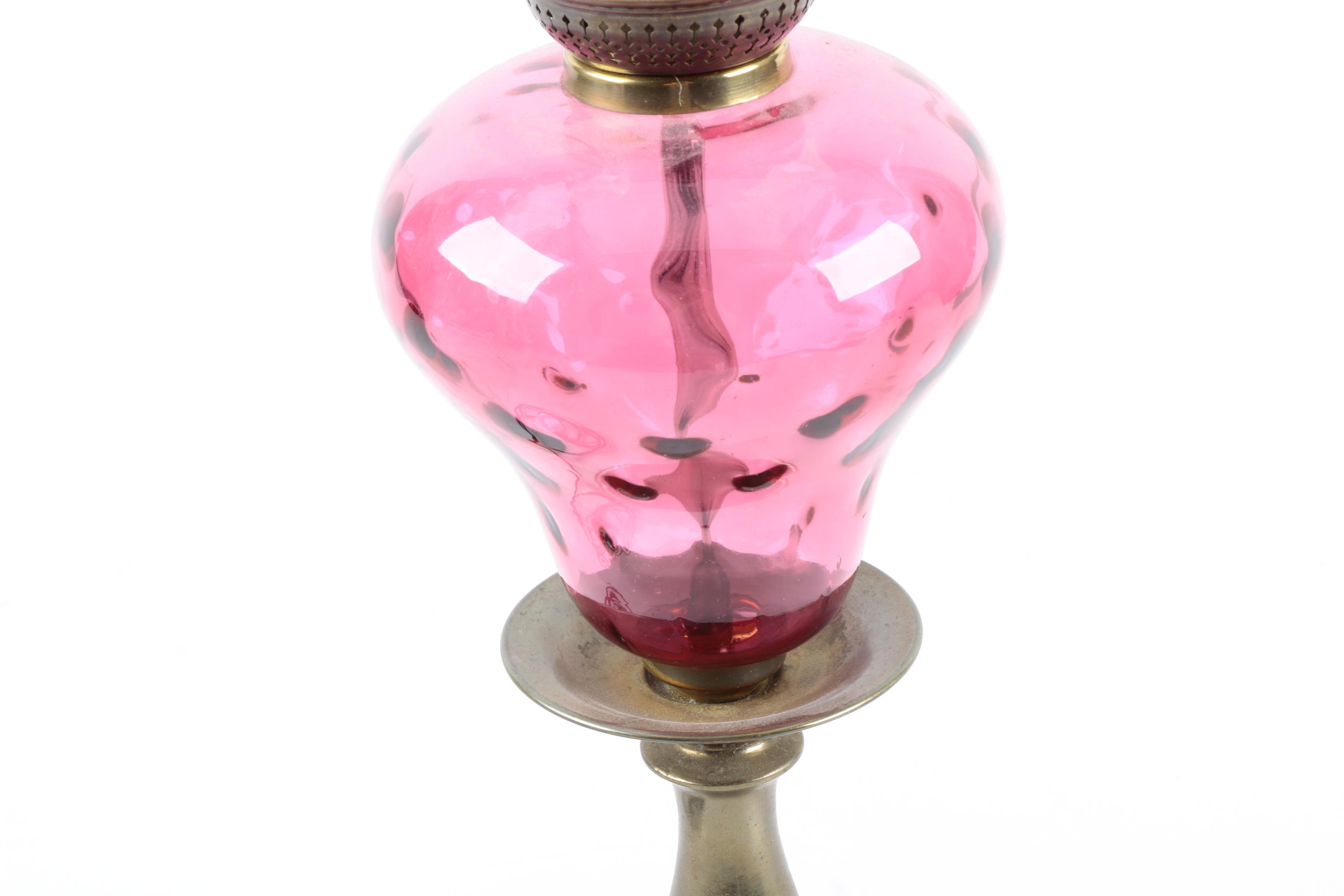 Antiqued Brass and Cranberry Glass Lamp