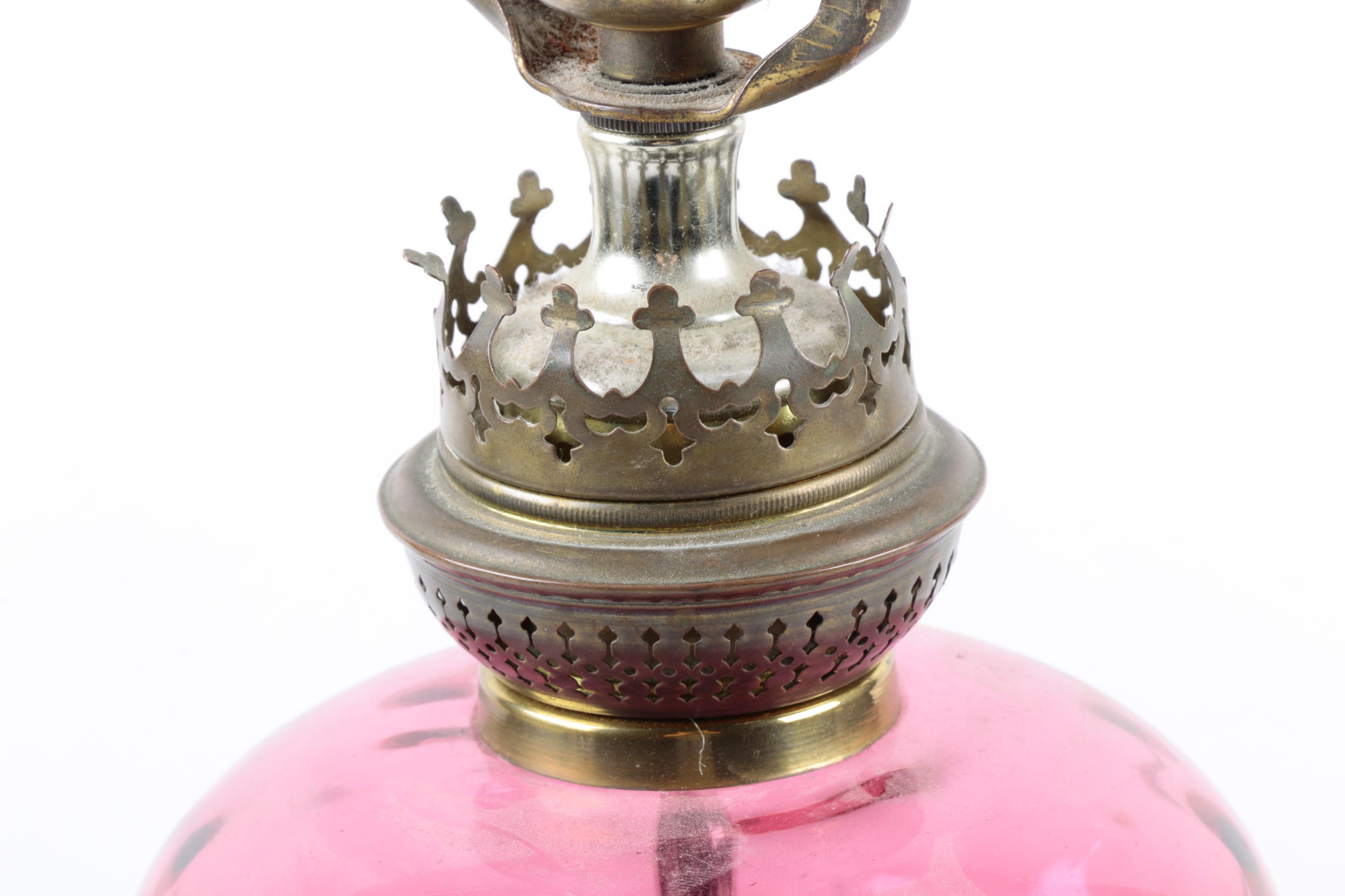 Antiqued Brass and Cranberry Glass Lamp