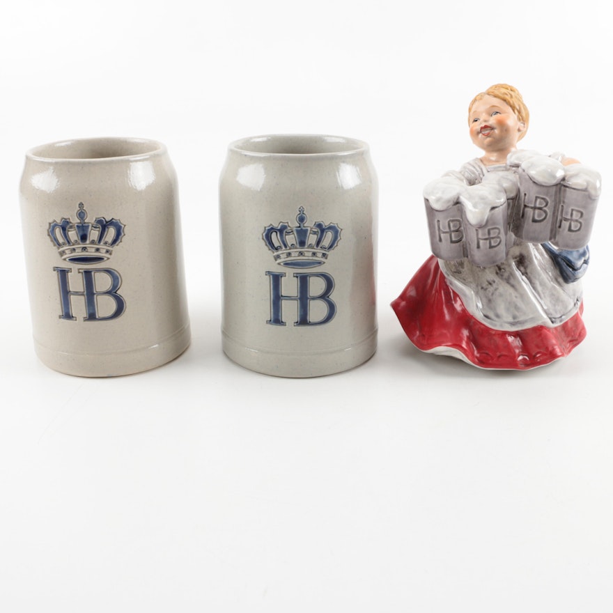 Hofbräu Steins with Goebel Beer Maid Figurine