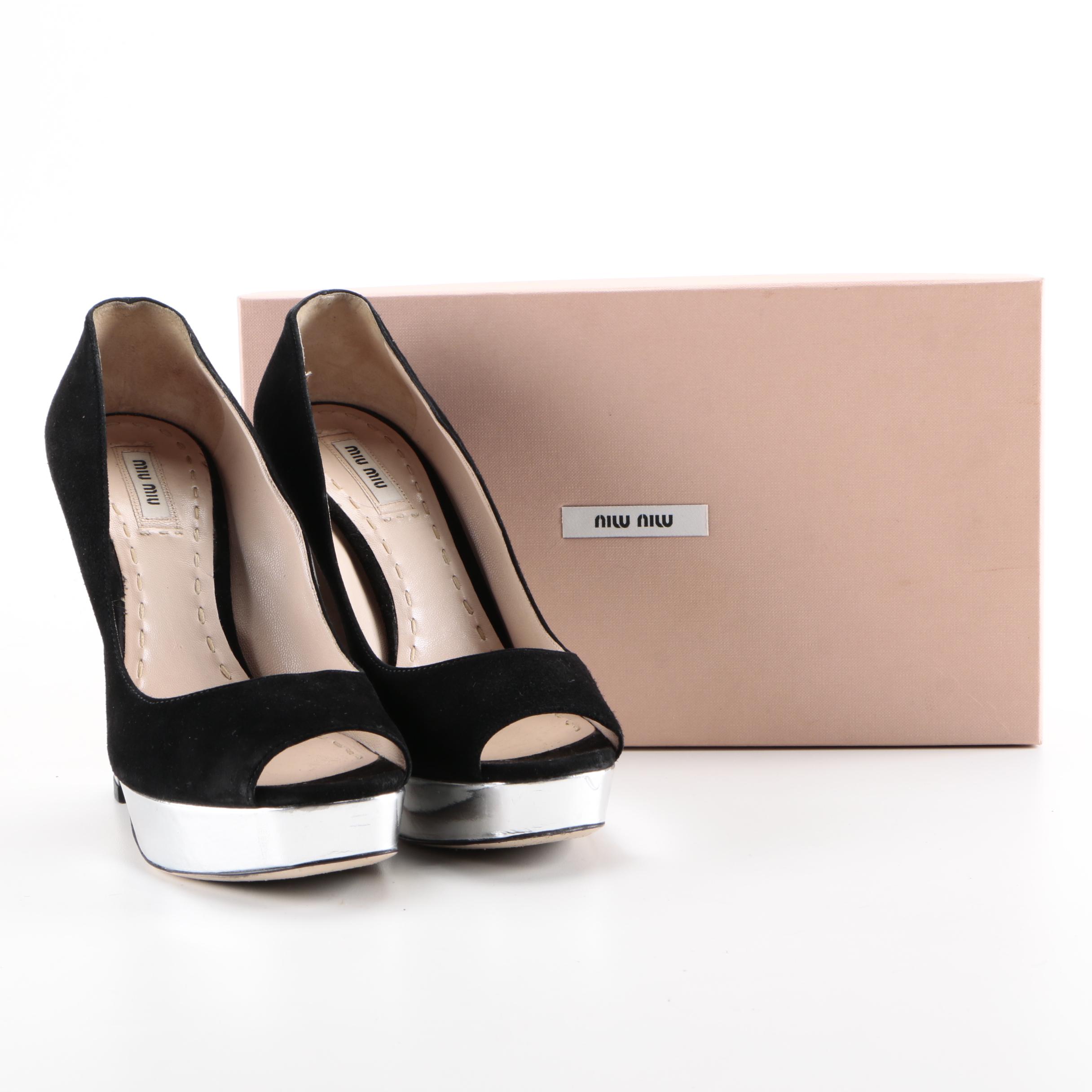 Miu Miu Crystal Heel Peep Toe Platforms