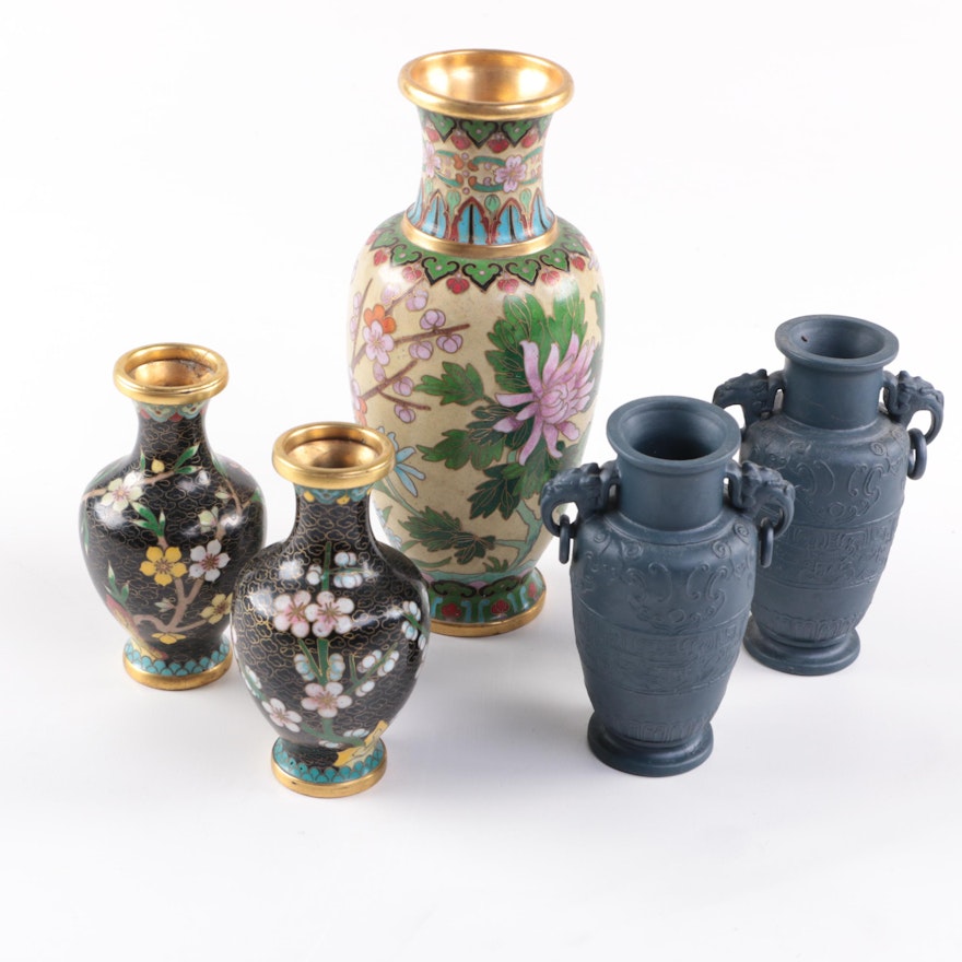 Collection of Asian Influenced Bud Vases including Cloisonne