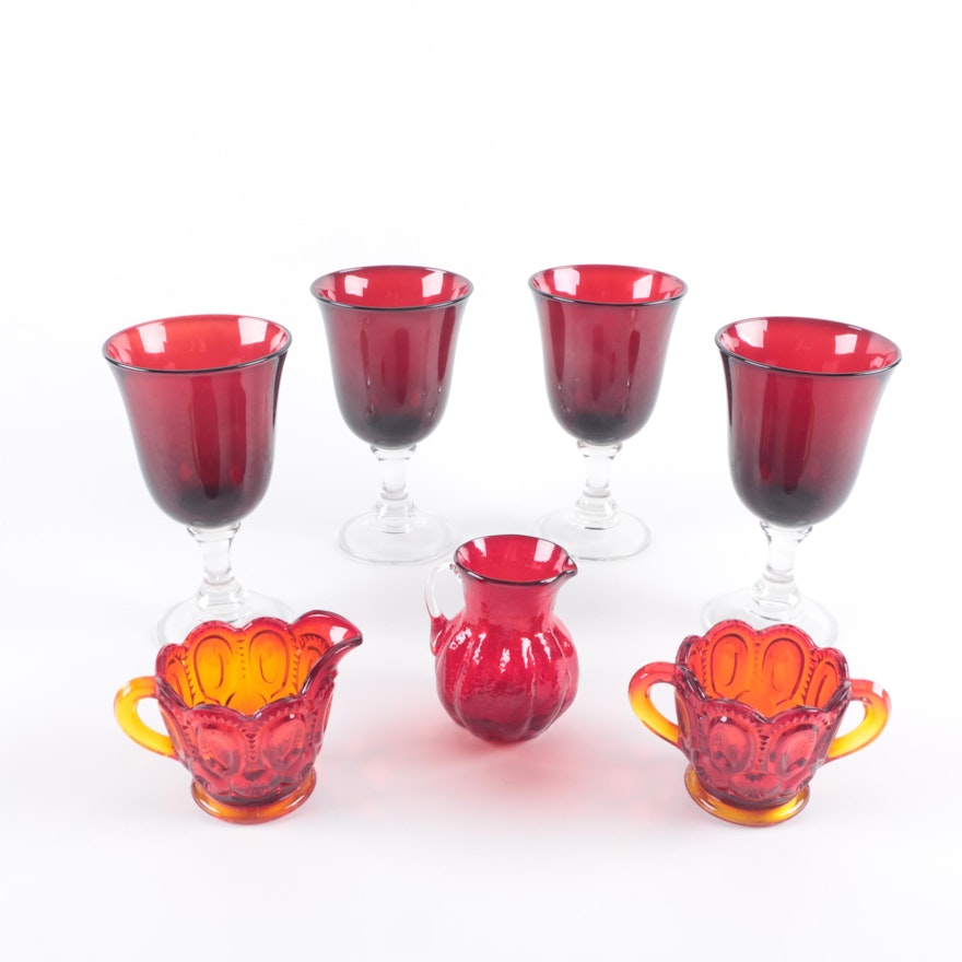 Colored Glass Tableware Including Vintage Amberina Moon and Stars