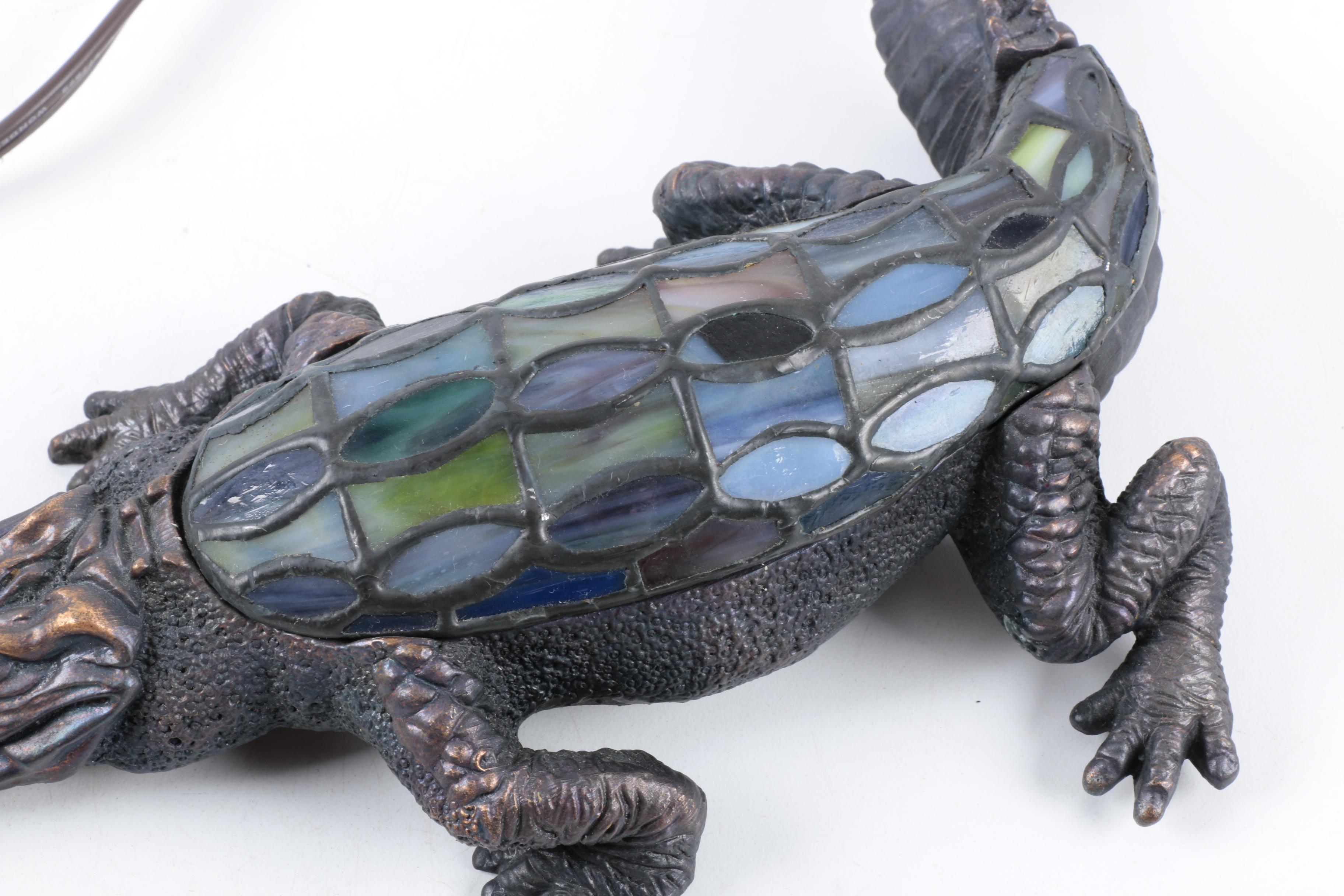 Cast Metal and Stained Glass Alligator Accent Lamp