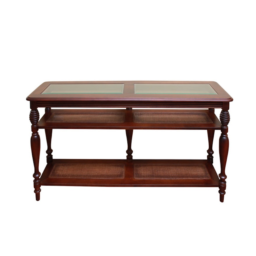 Cherry, Glass, and Rattan Console Table