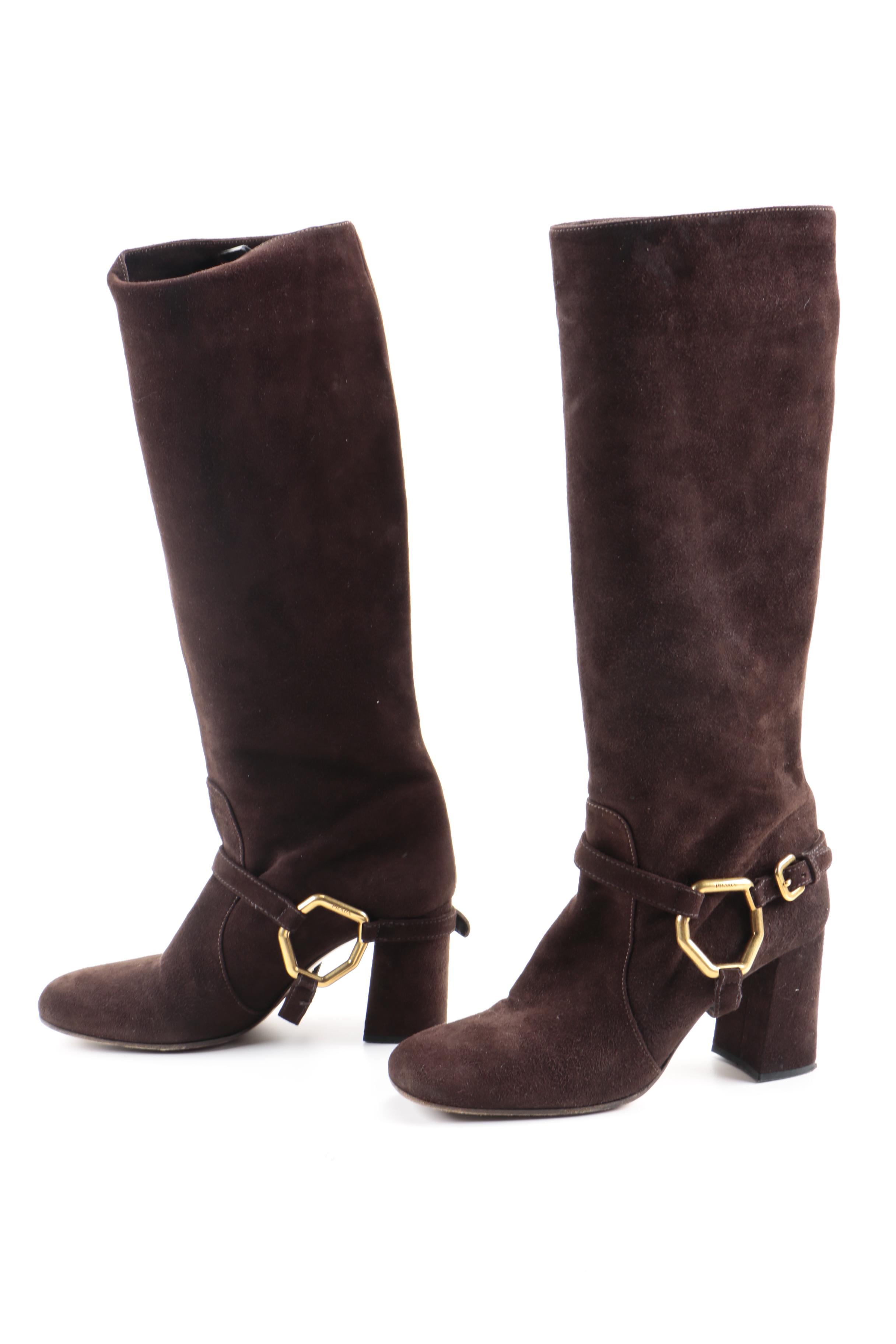 Prada Brown Suede Harness Riding Boots