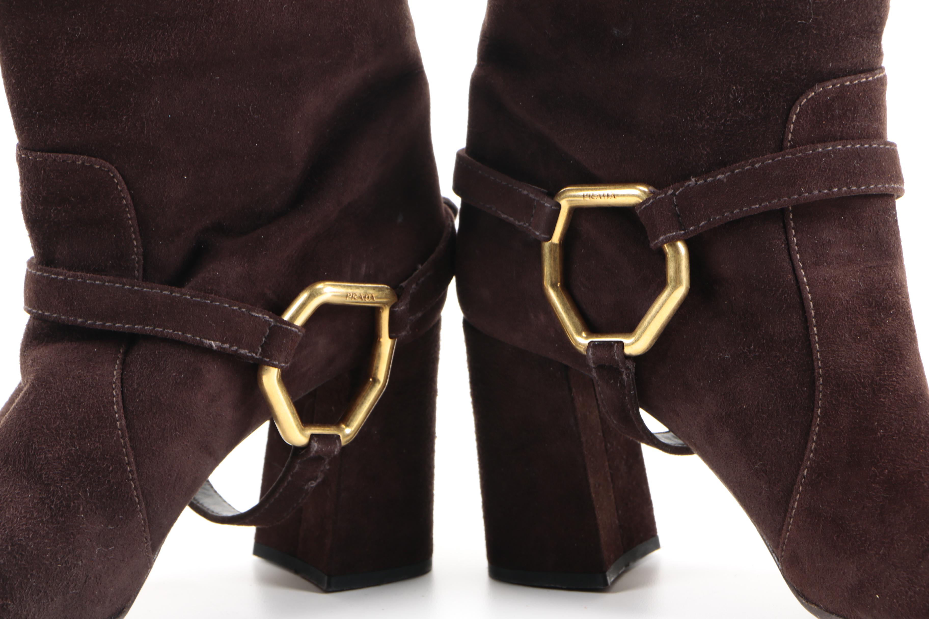 Prada Brown Suede Harness Riding Boots