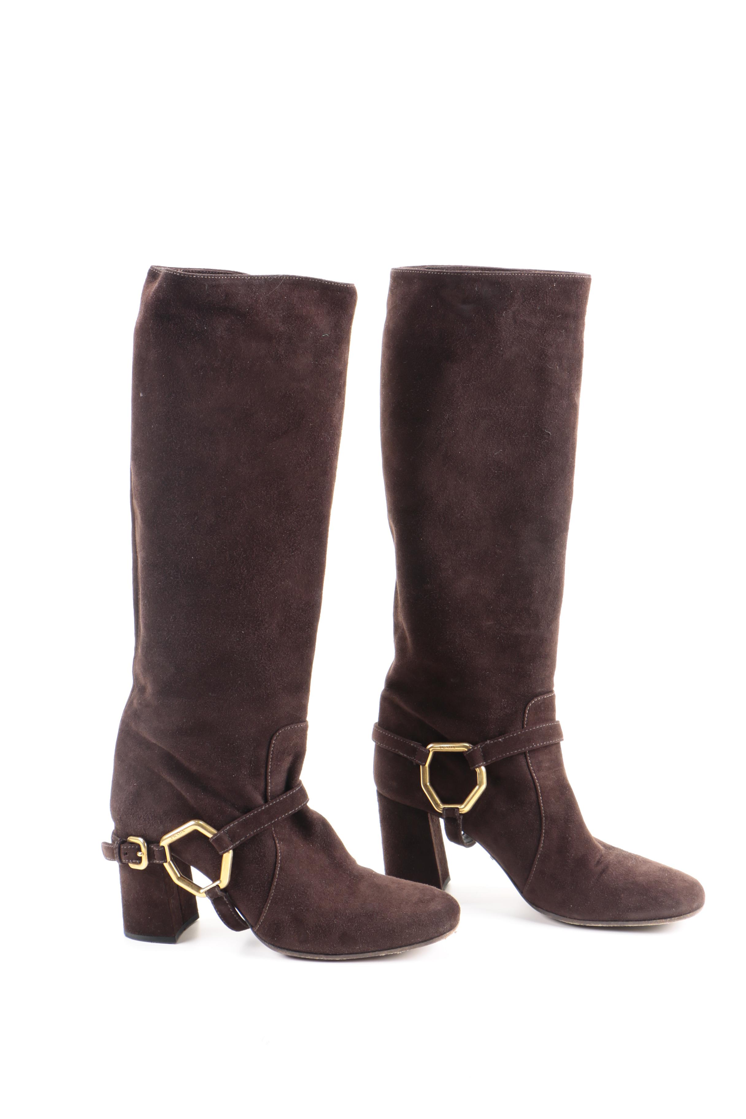 Prada Brown Suede Harness Riding Boots