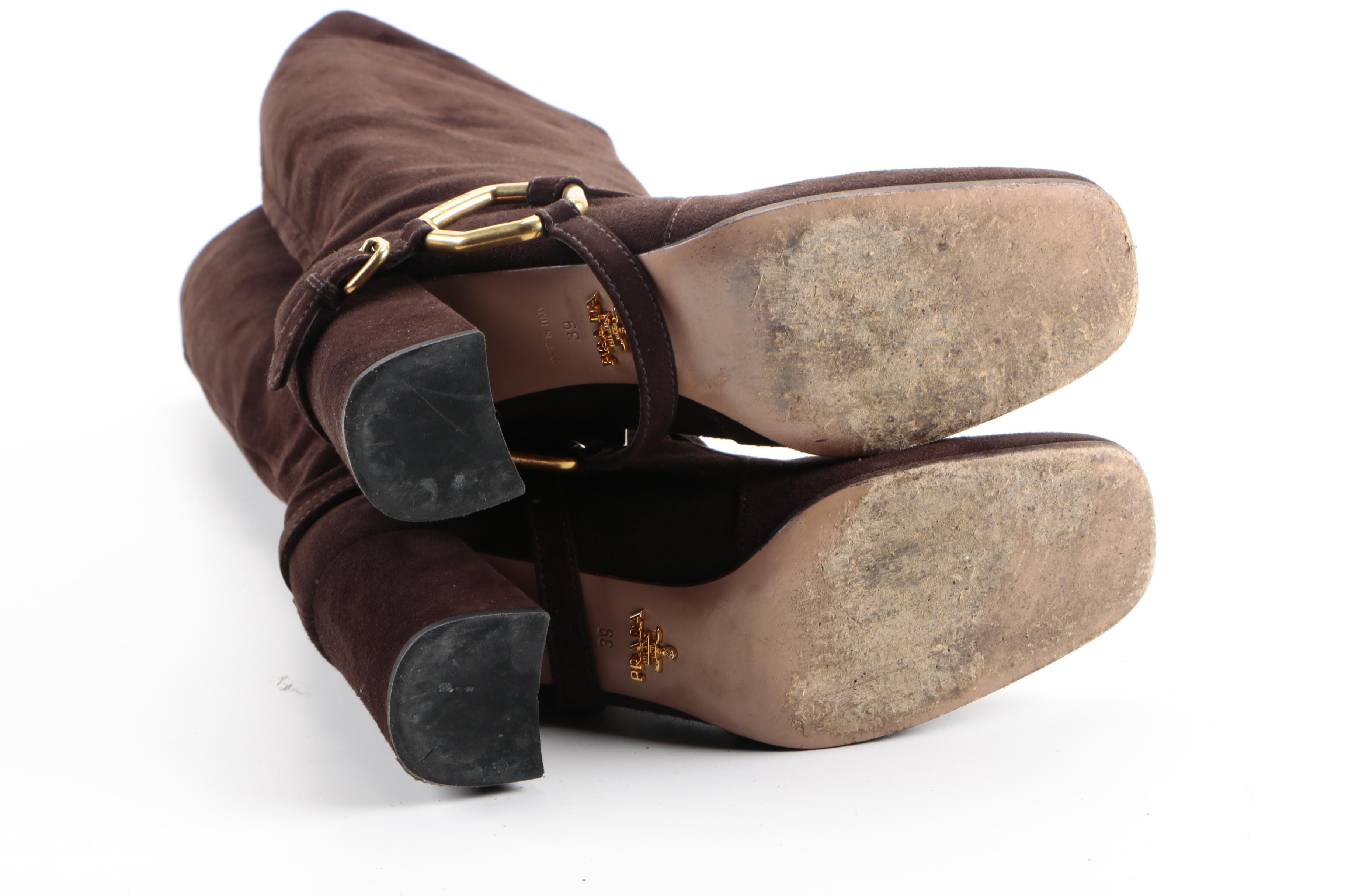 Prada Brown Suede Harness Riding Boots