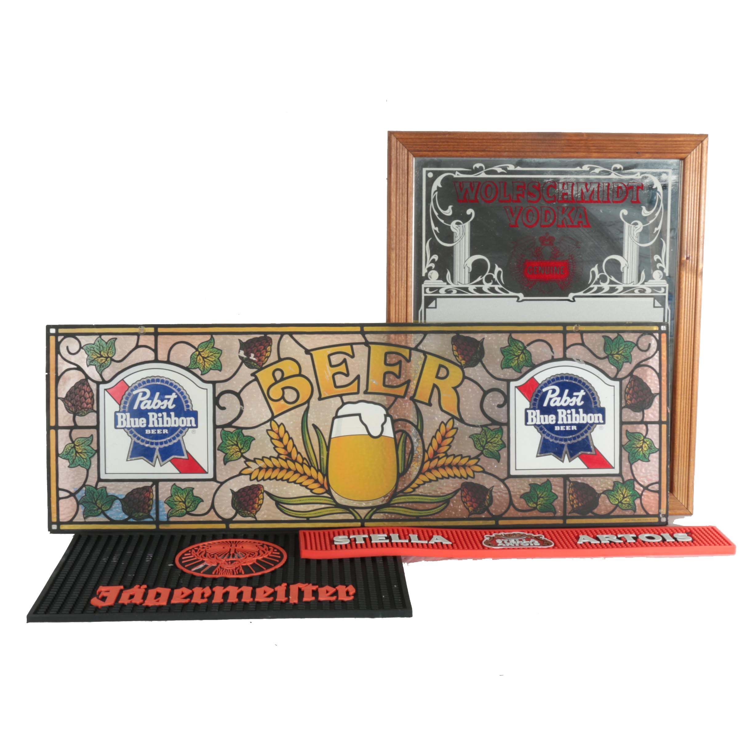 Bar Mirrors and Signs Including Pabst Blue Ribbon and Jägermeister