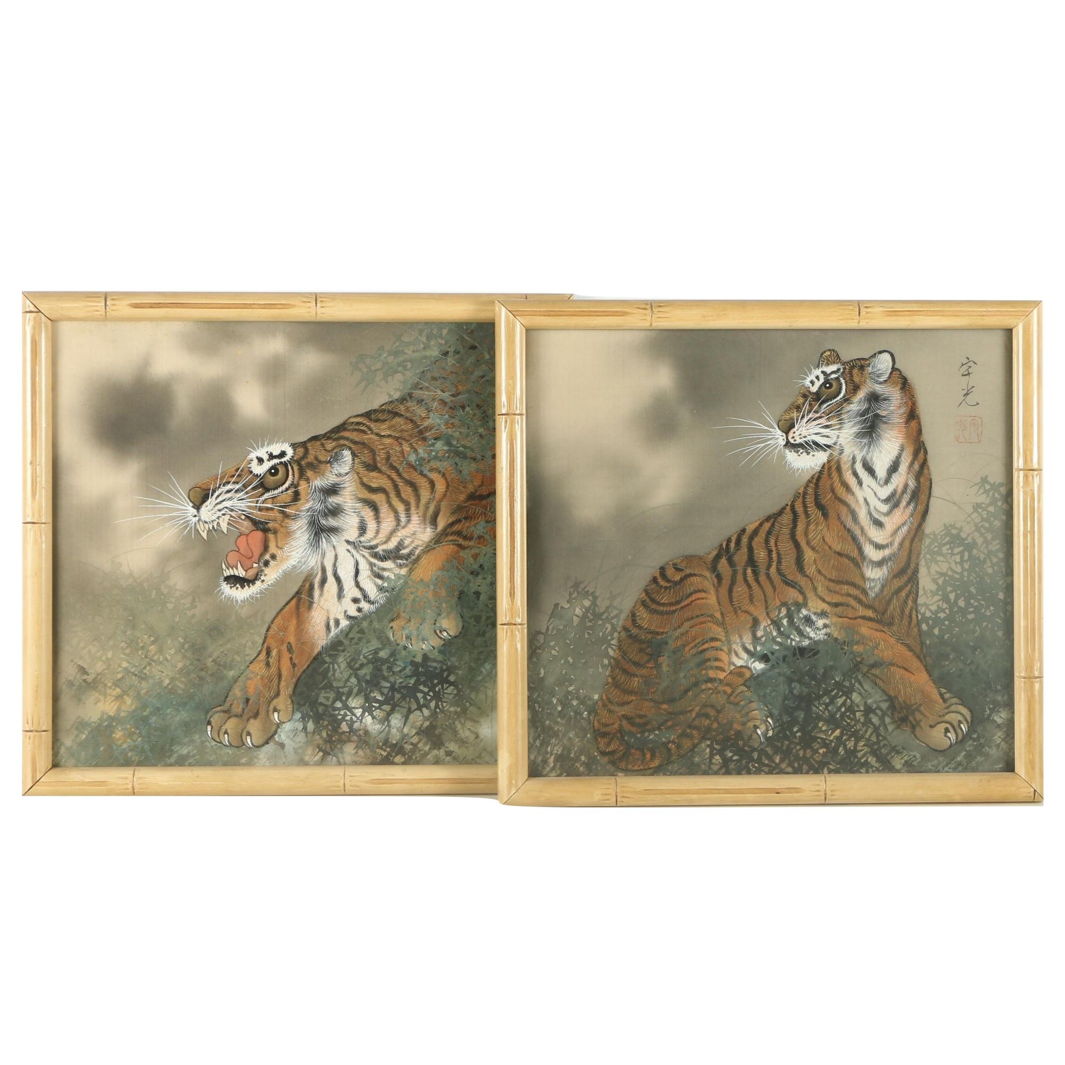 East Asian Style Ink and Watercolor Paintings on Silk of Tigers