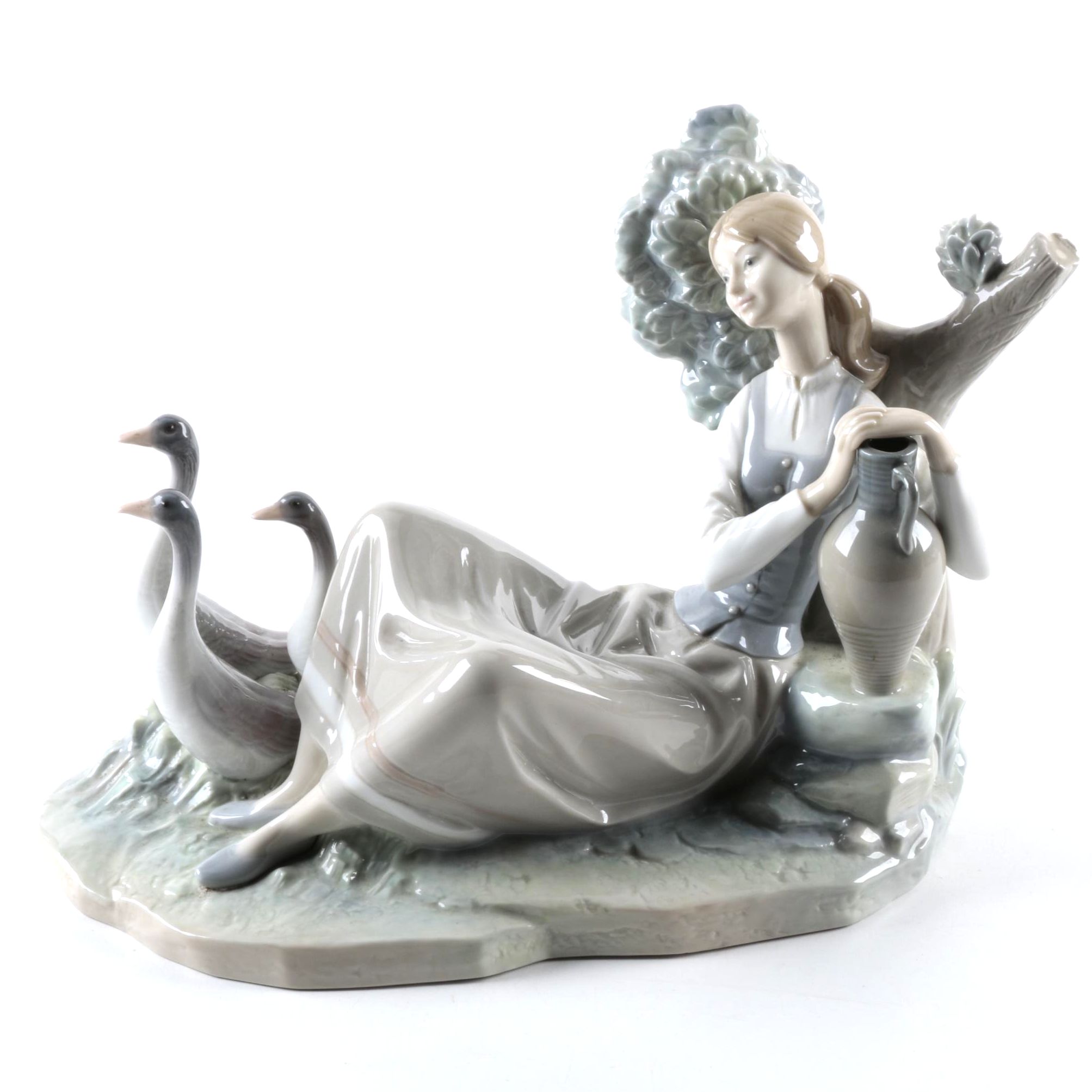 Lladró Woman Reclining with Geese Figurine