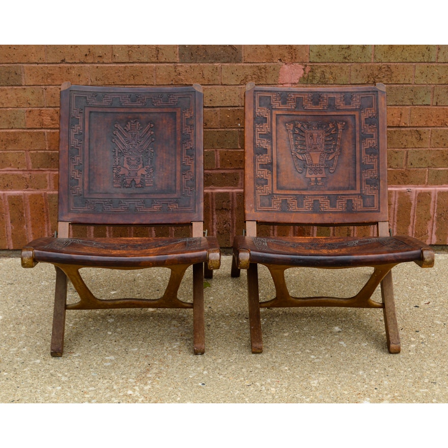 Mid-Century Peruvian Hand-Tooled Leather Folding Chairs