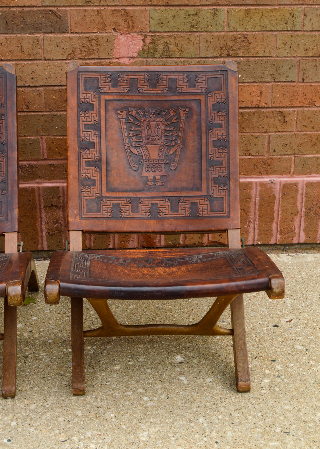 Mid-Century Peruvian Hand-Tooled Leather Folding Chairs