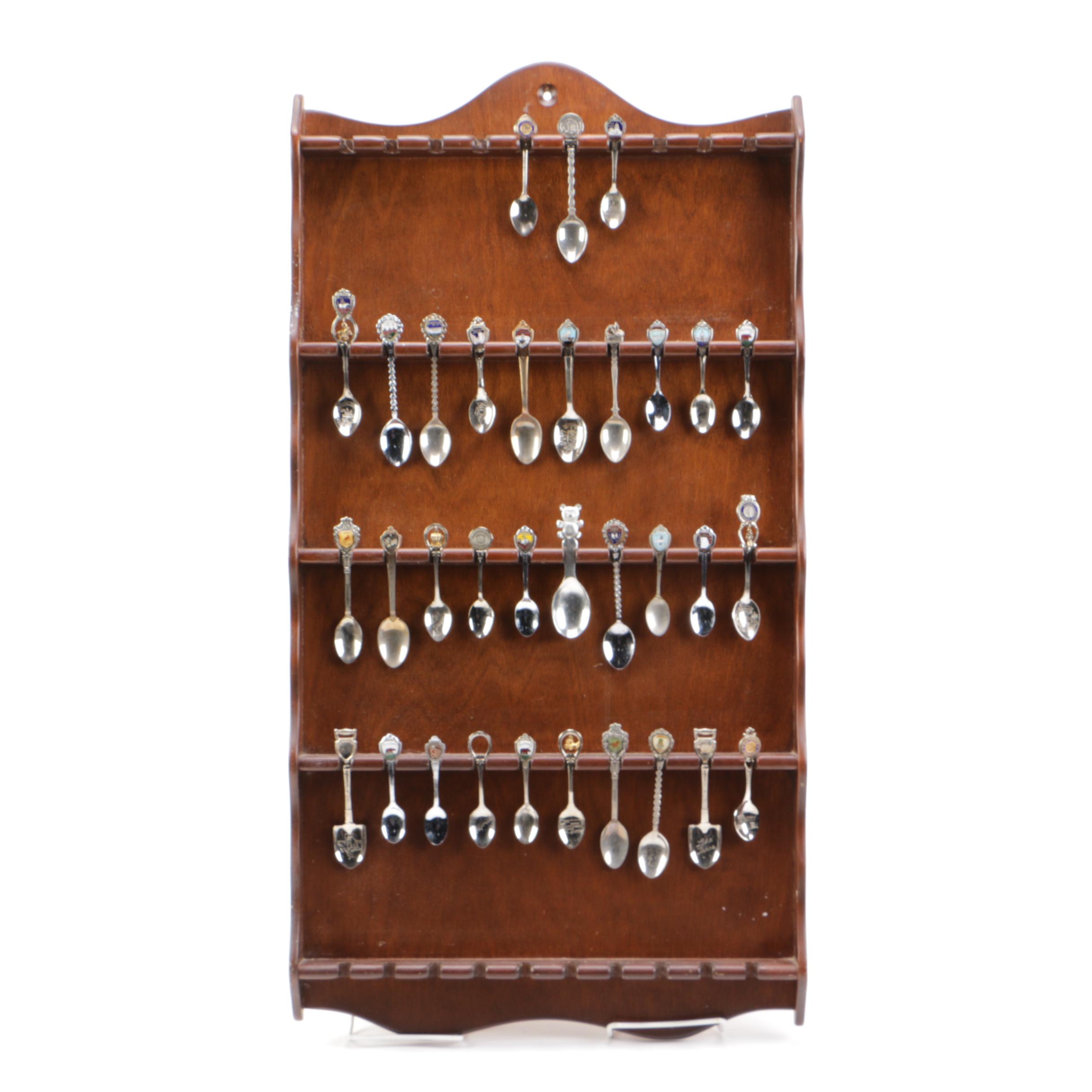 Souvenir Silver Plate Spoon Collection with a Display Shelf