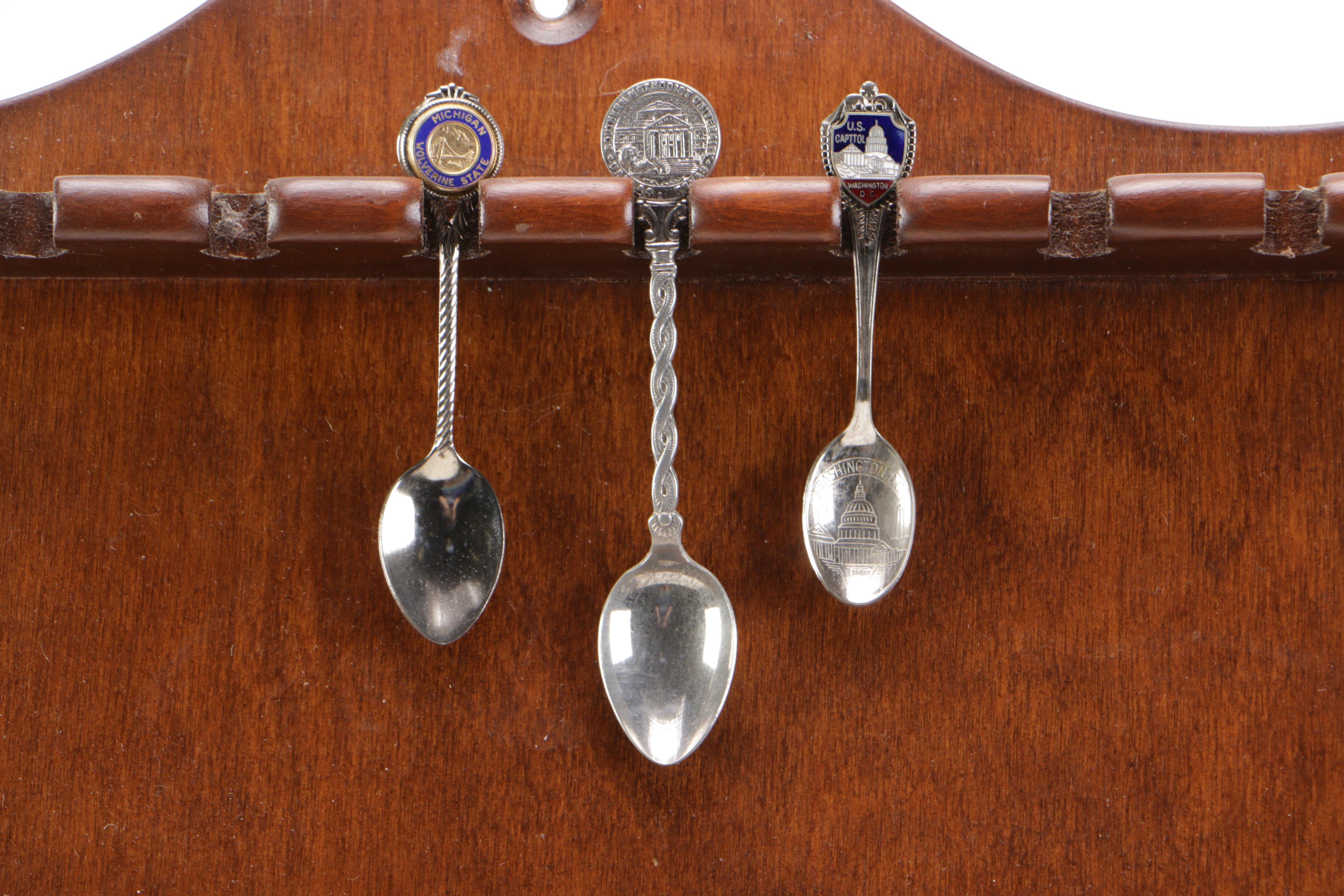 Souvenir Silver Plate Spoon Collection with a Display Shelf