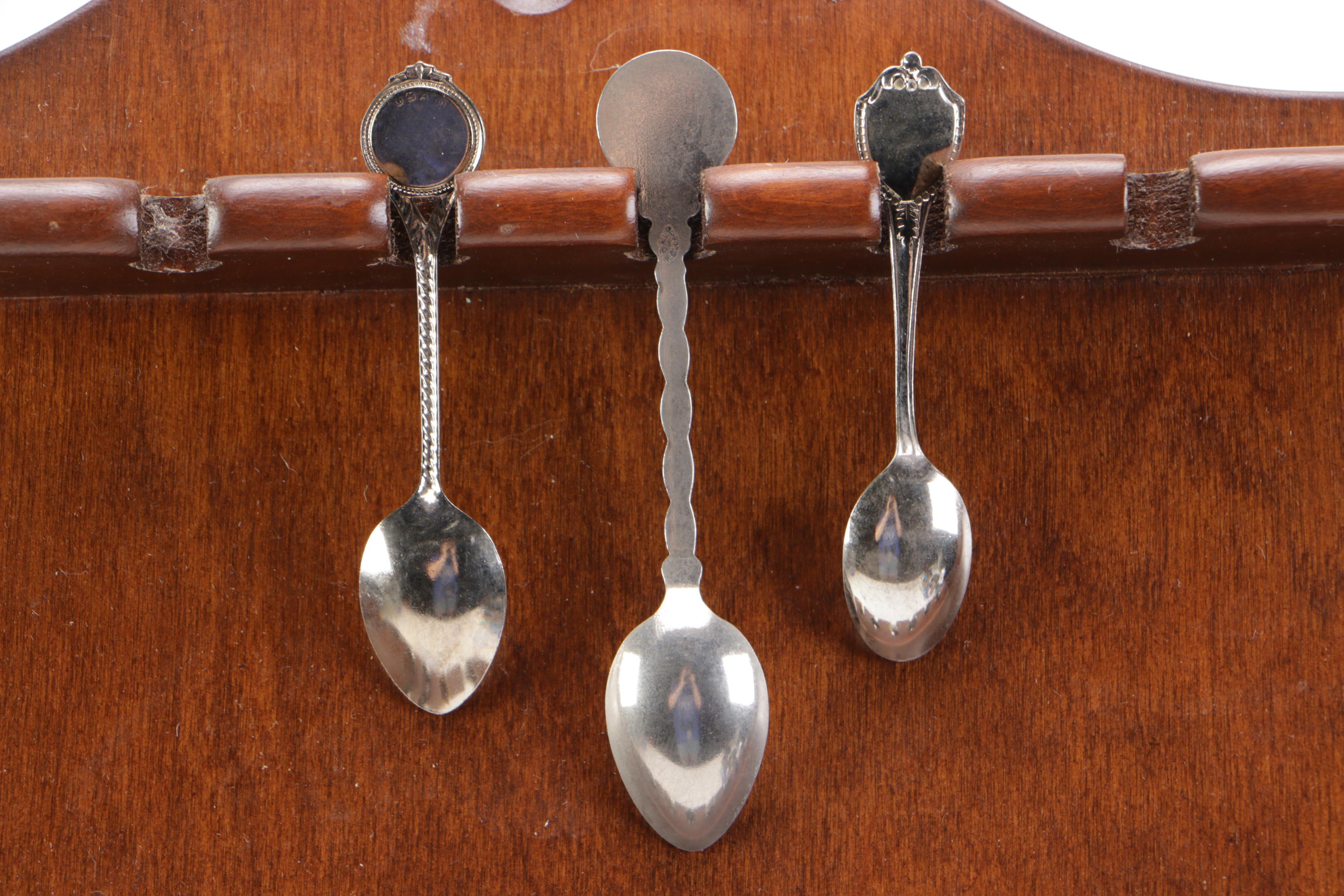 Souvenir Silver Plate Spoon Collection with a Display Shelf