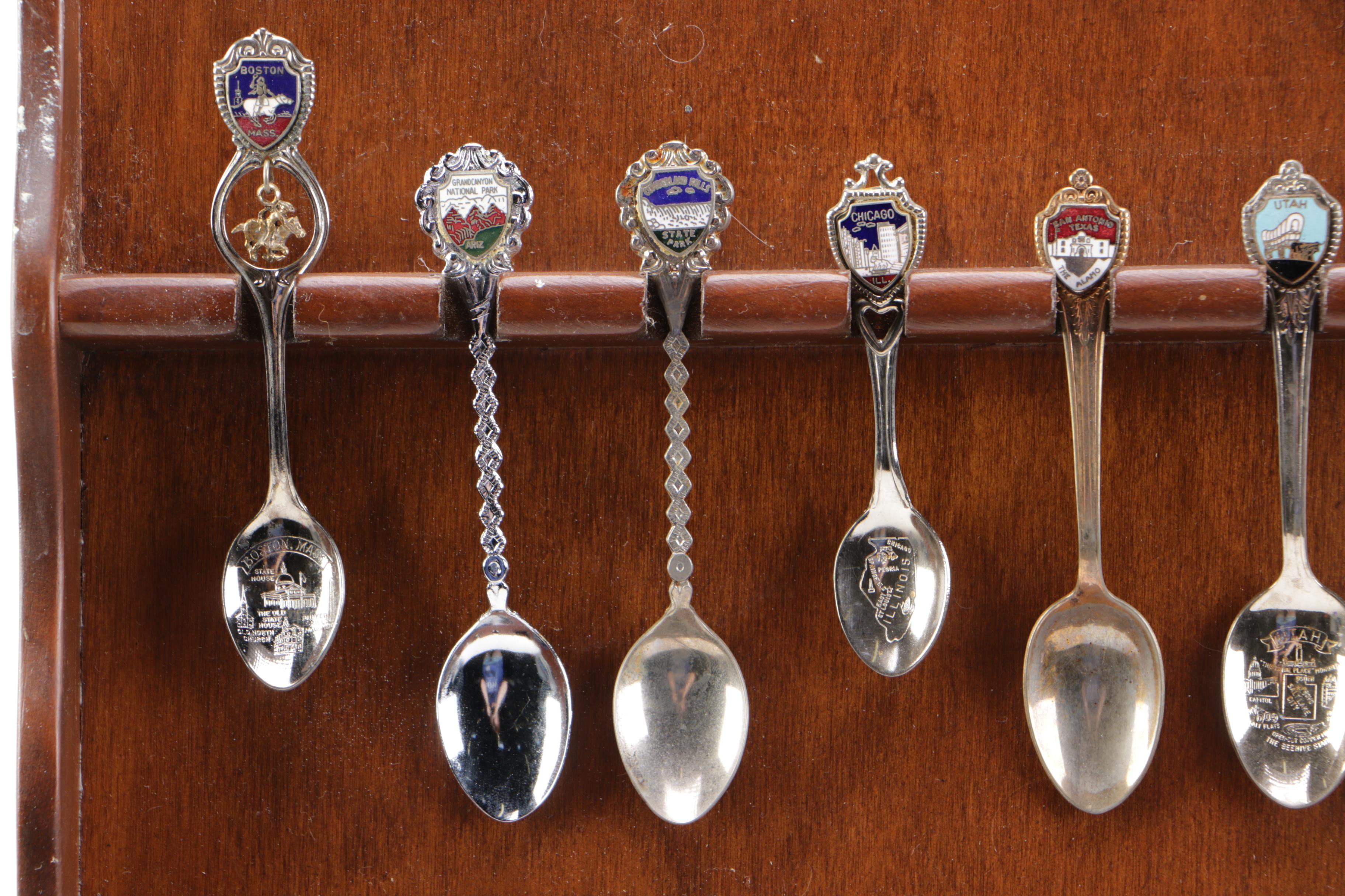 Souvenir Silver Plate Spoon Collection with a Display Shelf