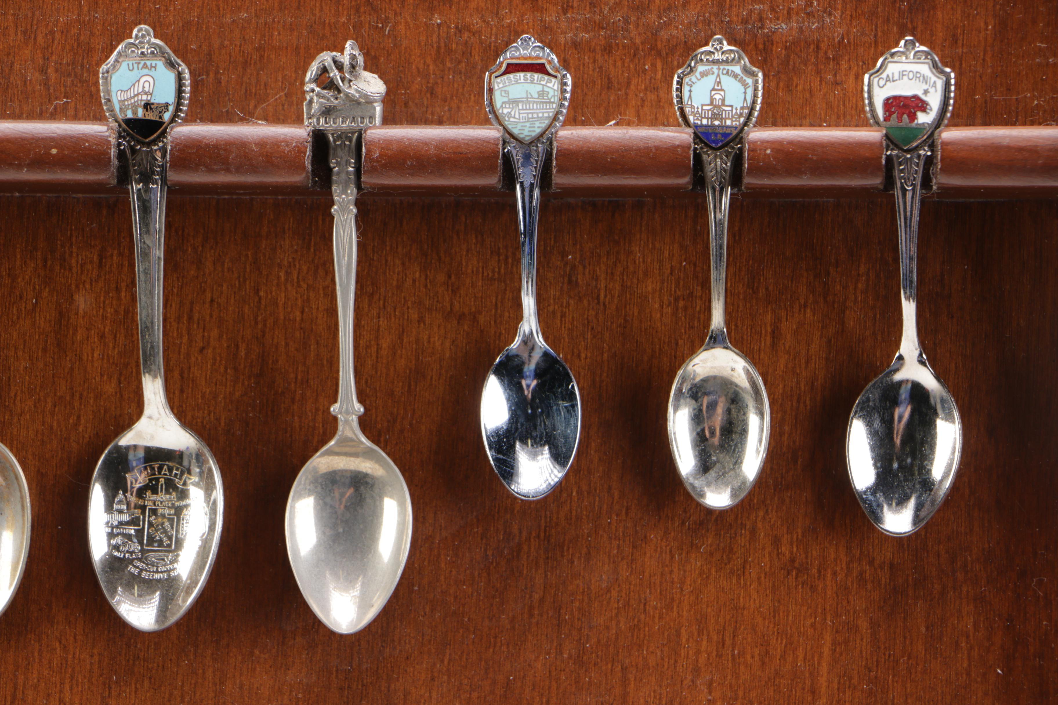 Souvenir Silver Plate Spoon Collection with a Display Shelf
