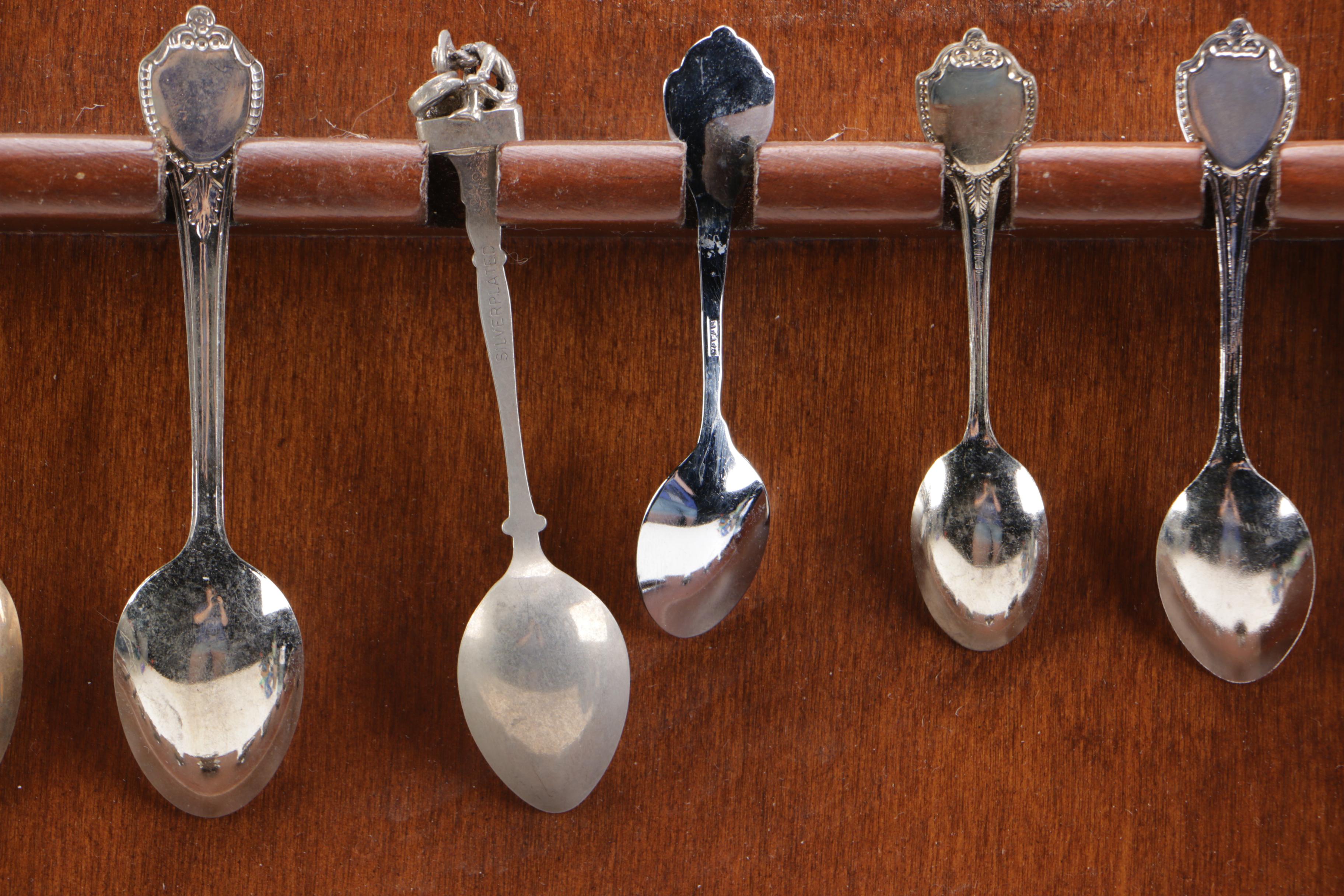 Souvenir Silver Plate Spoon Collection with a Display Shelf