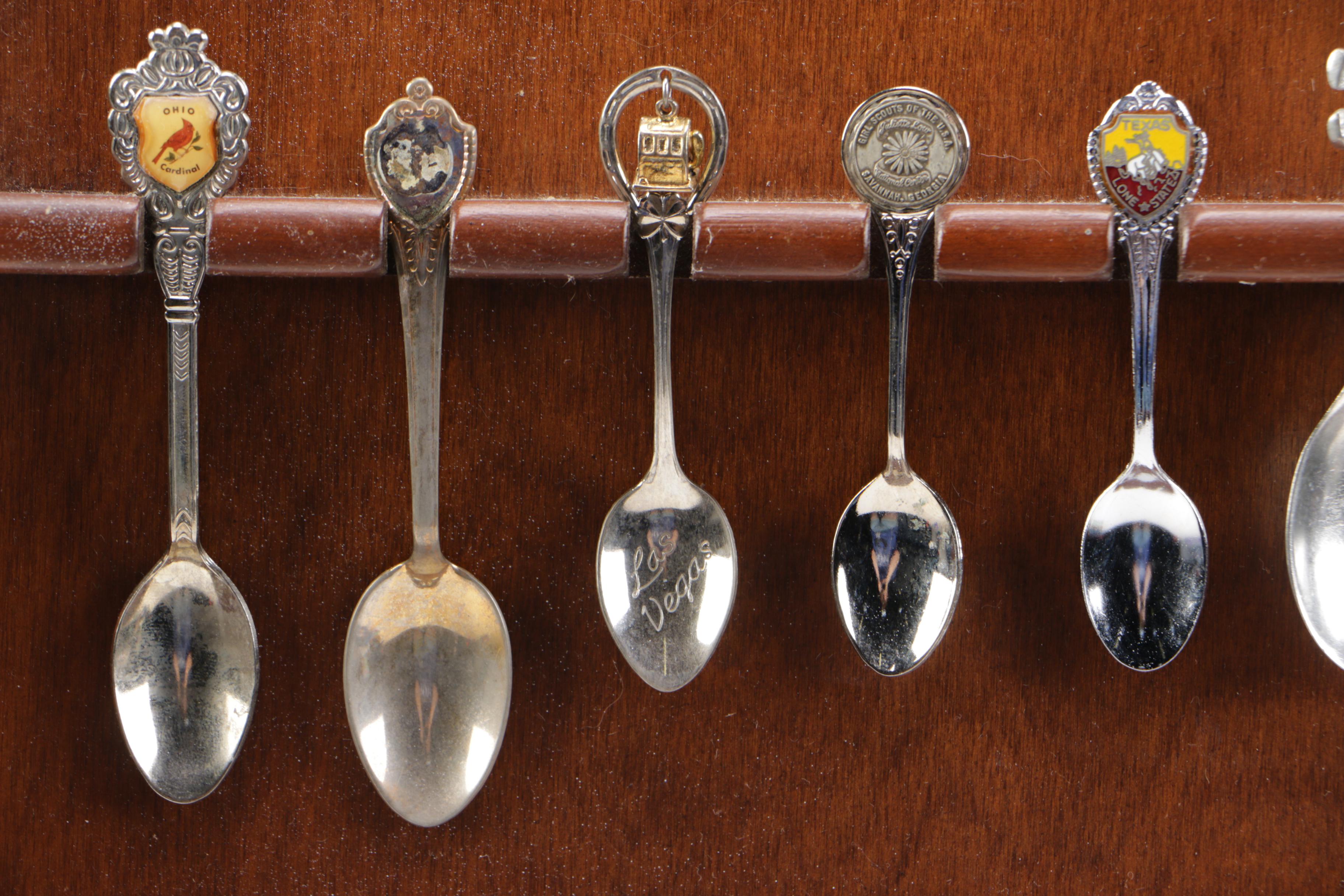 Souvenir Silver Plate Spoon Collection with a Display Shelf
