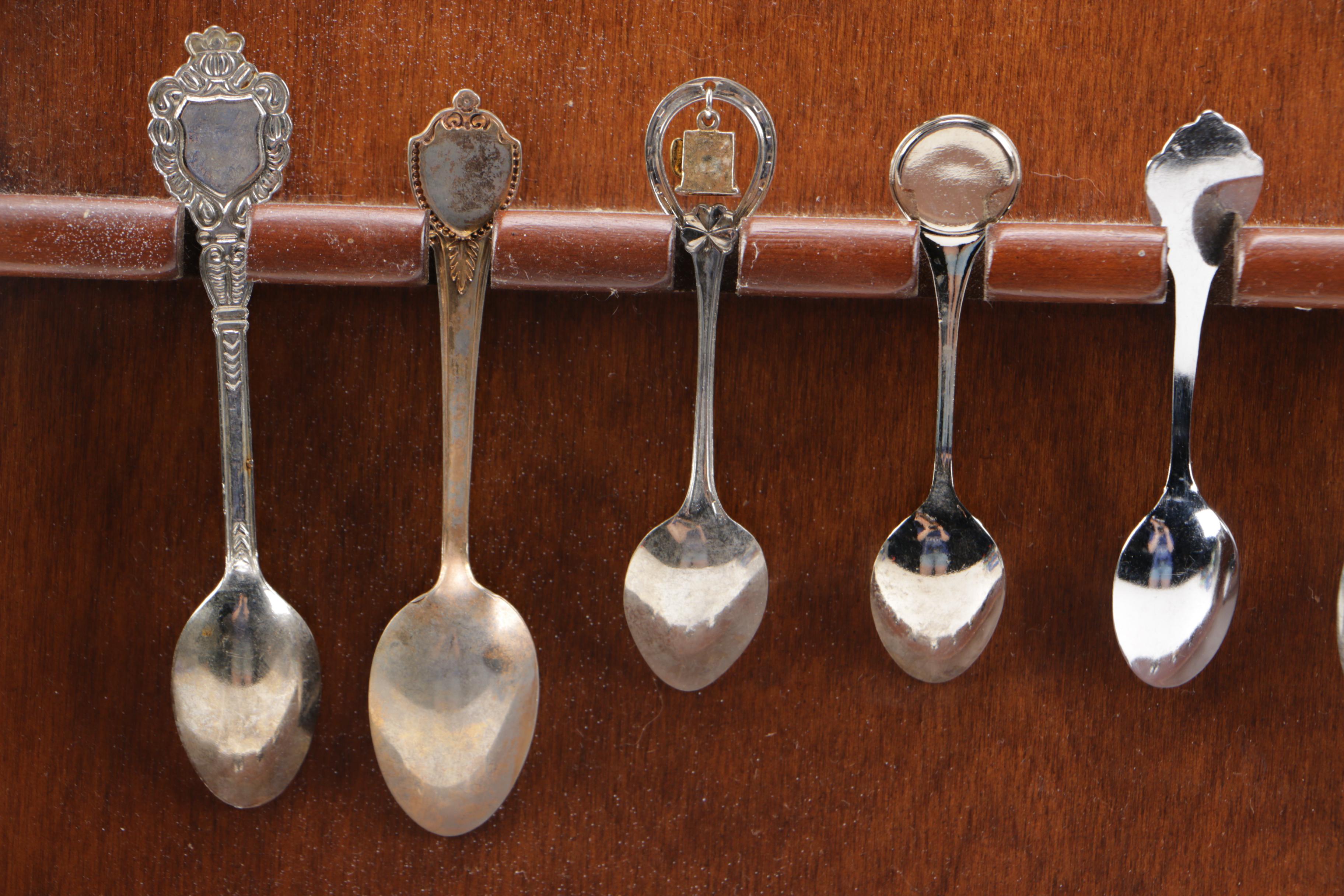 Souvenir Silver Plate Spoon Collection with a Display Shelf