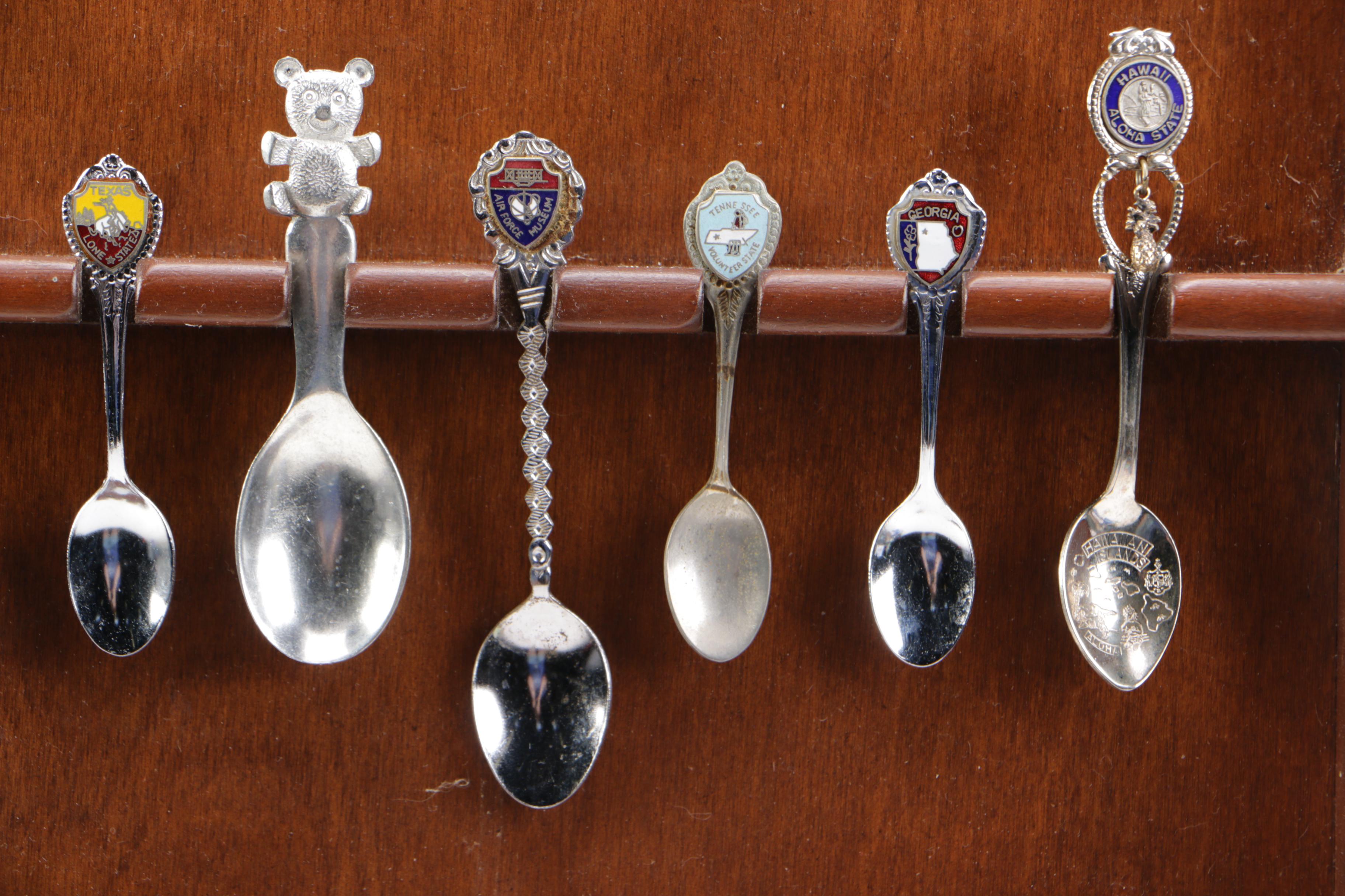 Souvenir Silver Plate Spoon Collection with a Display Shelf