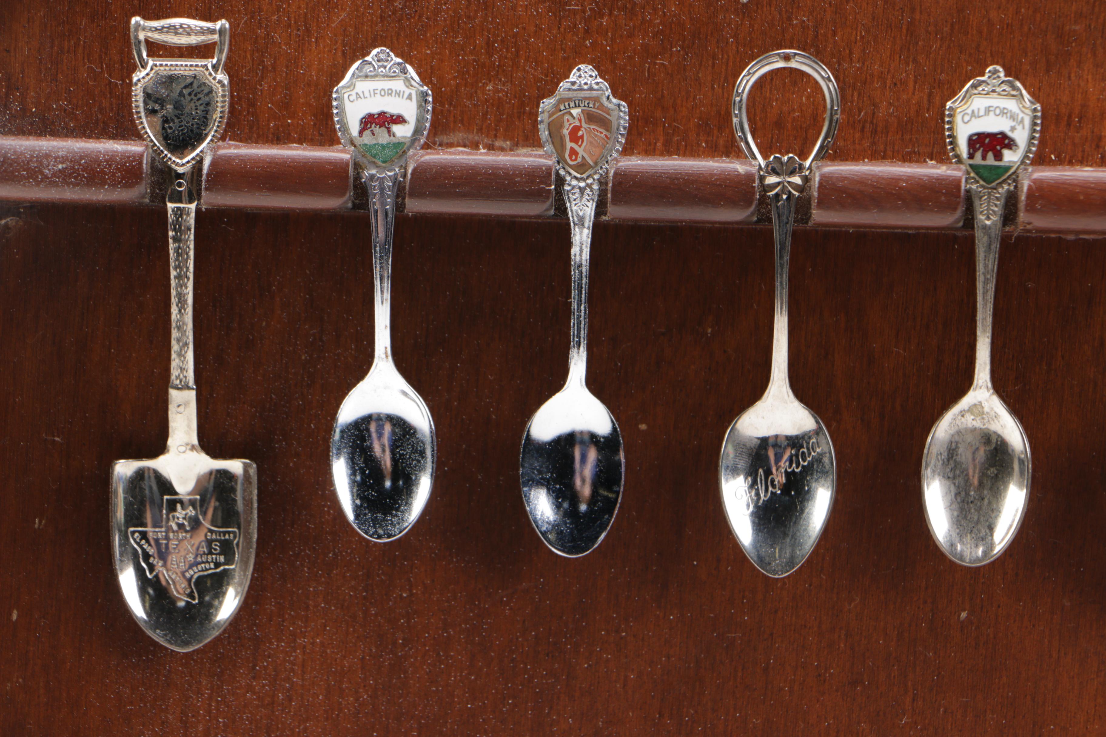 Souvenir Silver Plate Spoon Collection with a Display Shelf