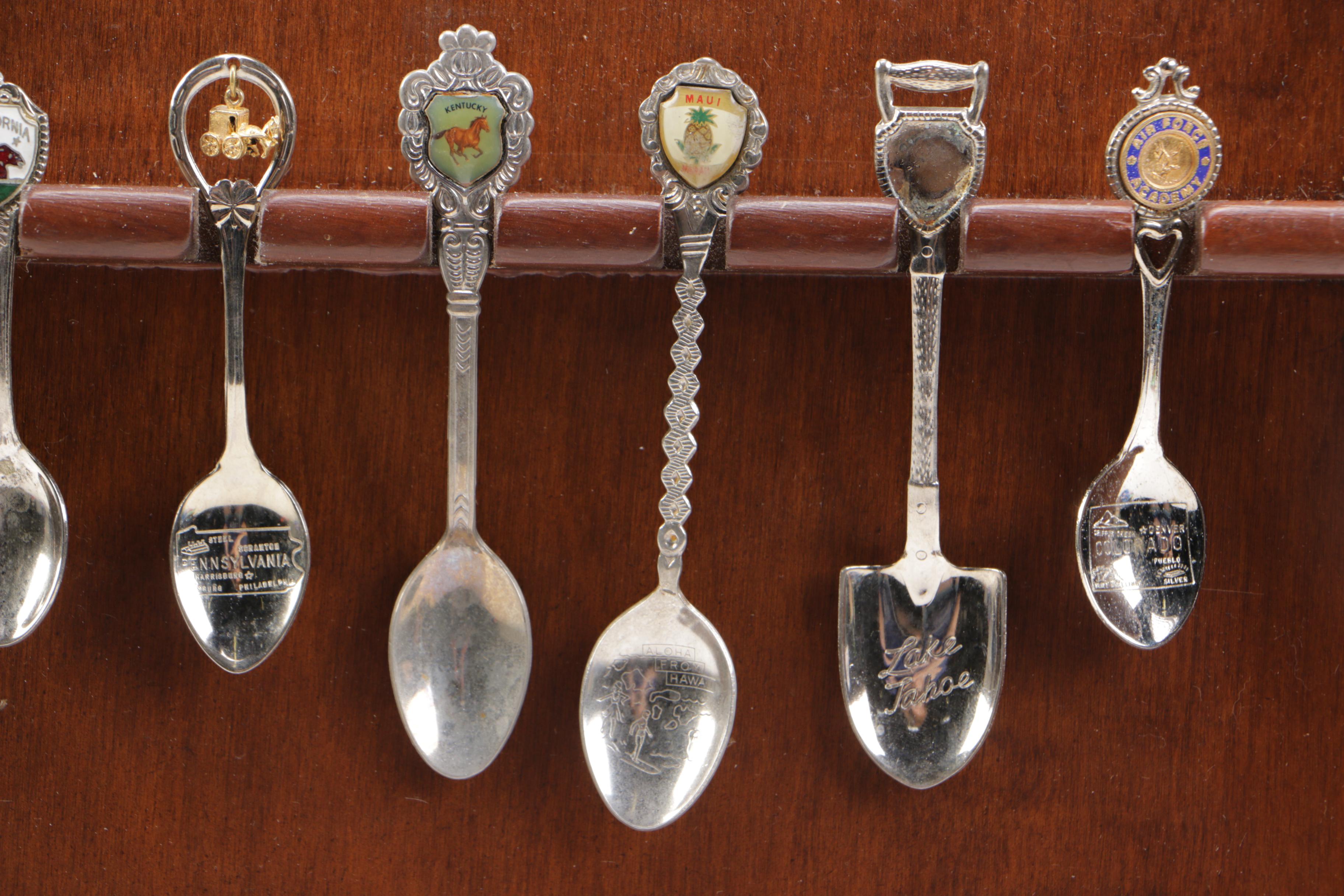 Souvenir Silver Plate Spoon Collection with a Display Shelf