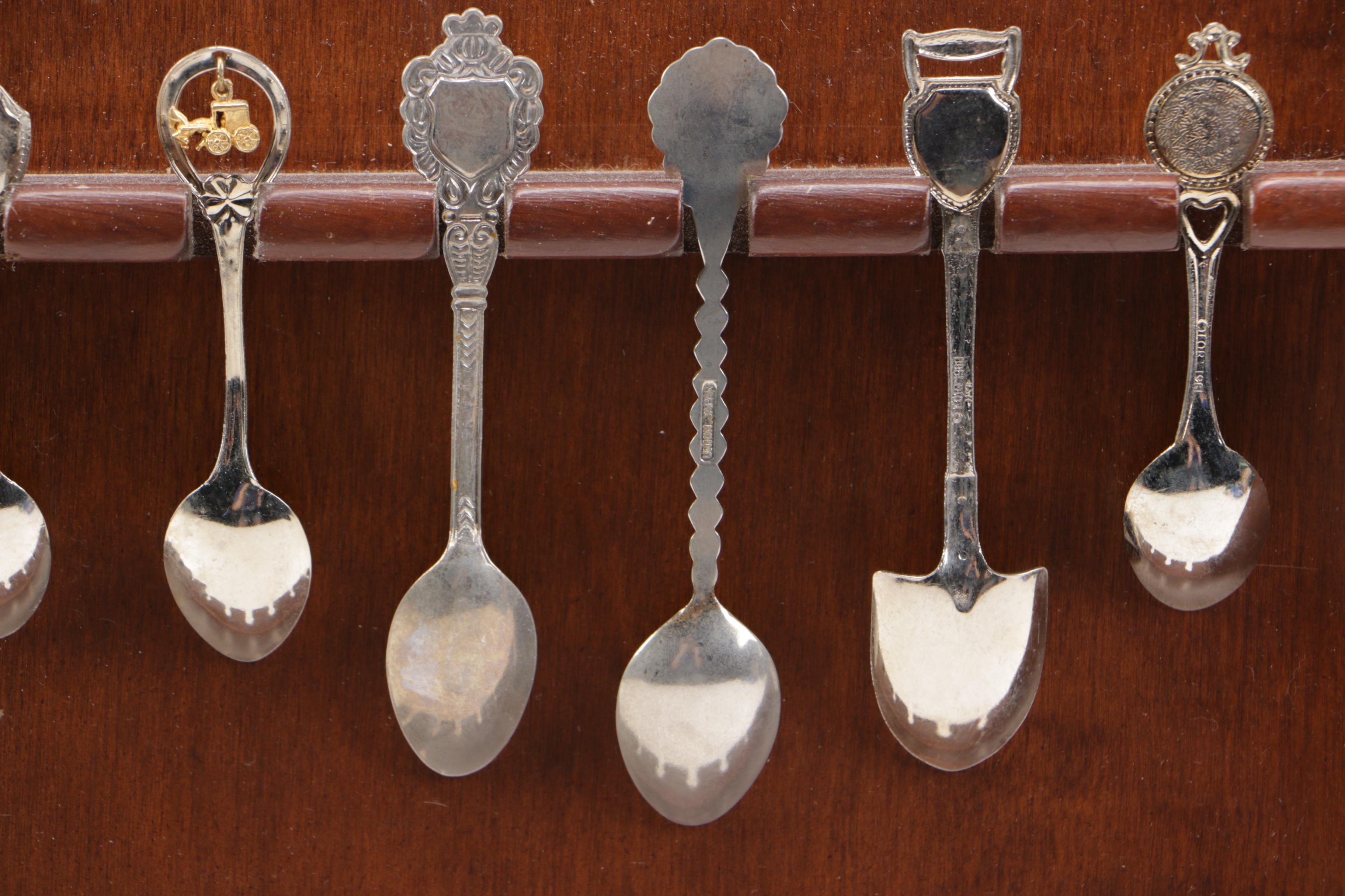 Souvenir Silver Plate Spoon Collection with a Display Shelf
