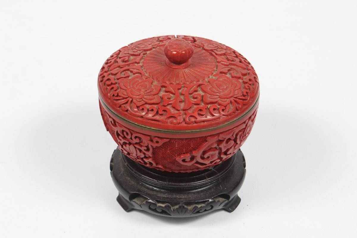 Chinese Cinnabar Bowl with Wooden Stand