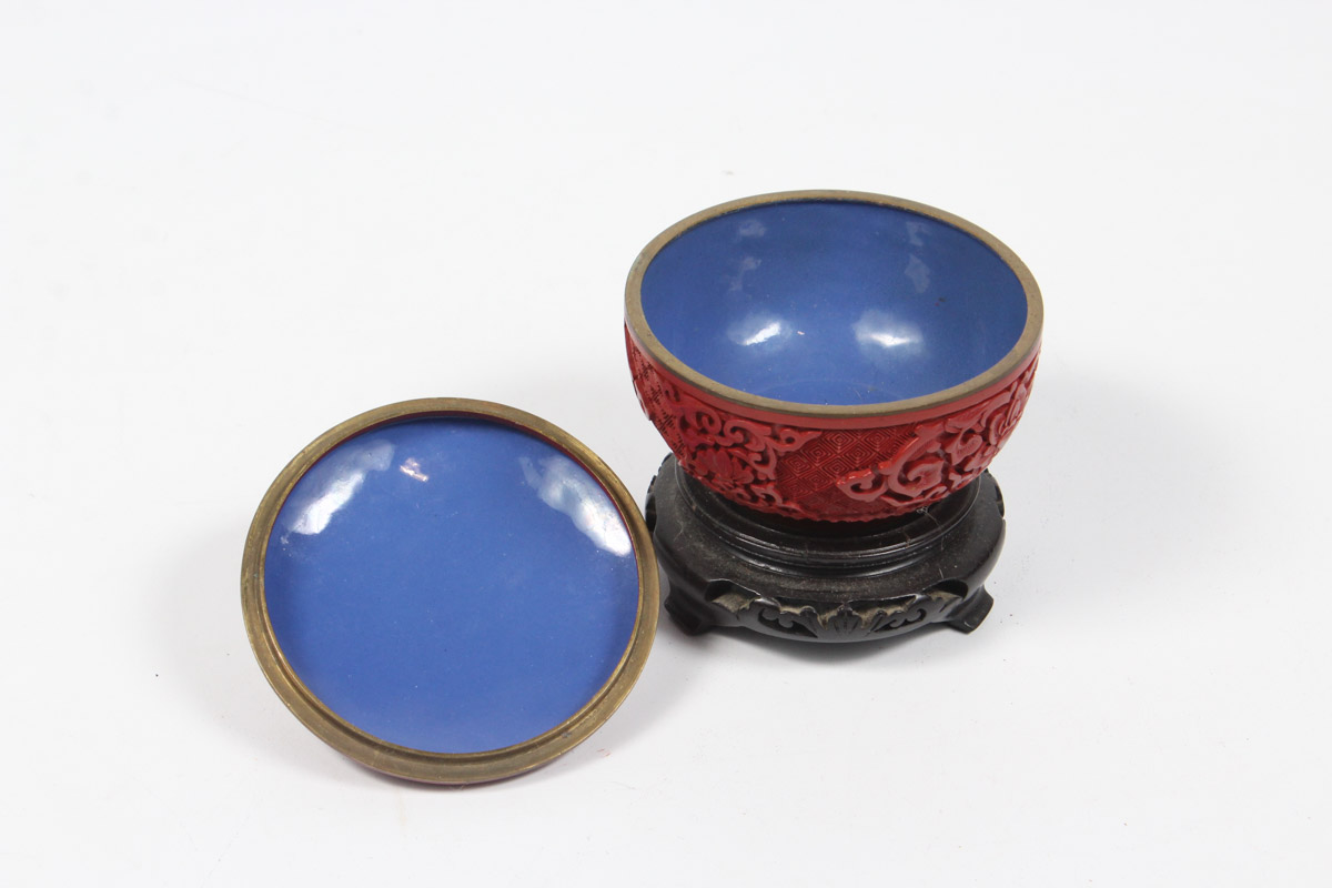 Chinese Cinnabar Bowl with Wooden Stand