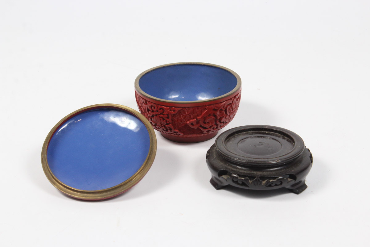 Chinese Cinnabar Bowl with Wooden Stand