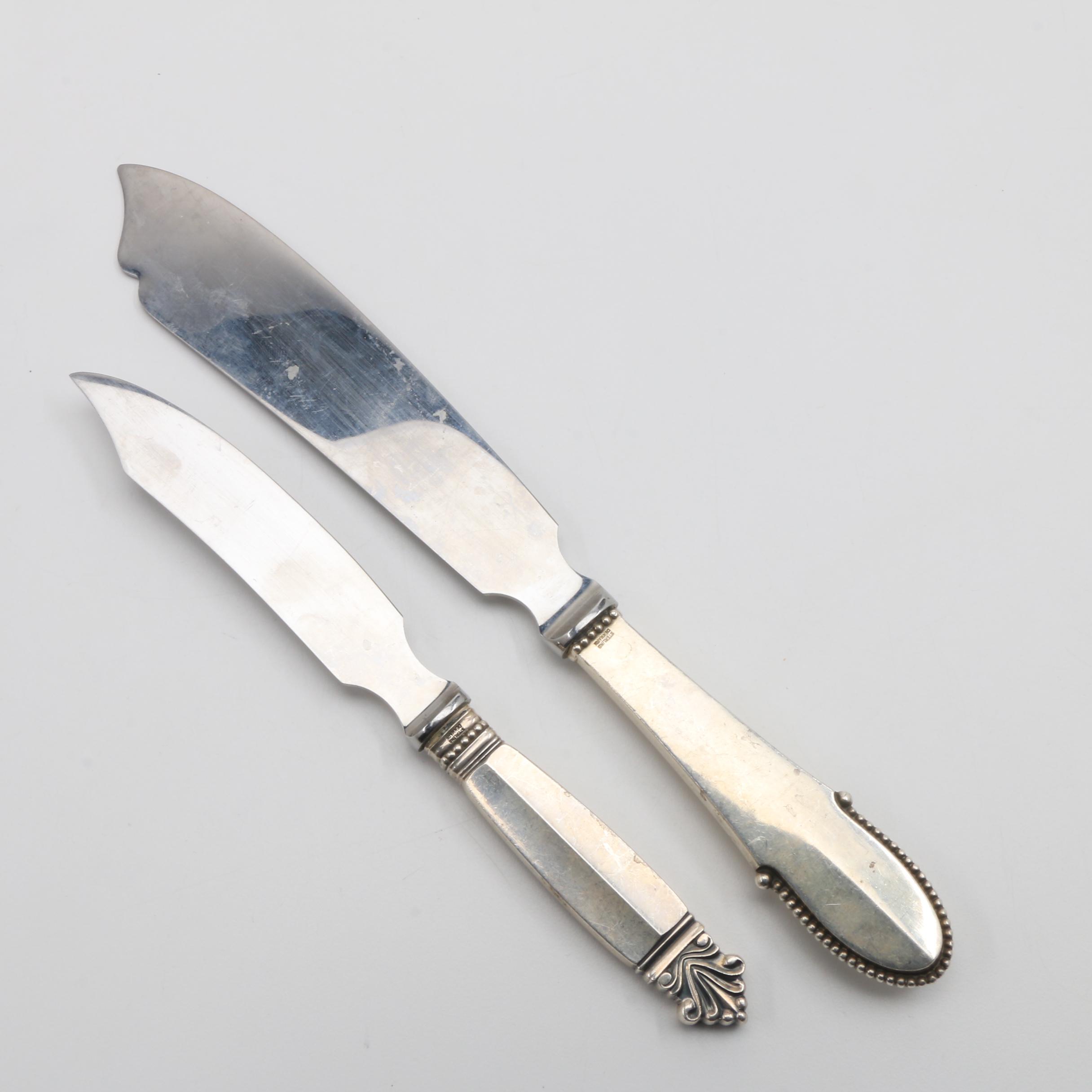 Georg Jensen Sterling Serving Knives in the "Beaded" and "Acanthus" Patterns