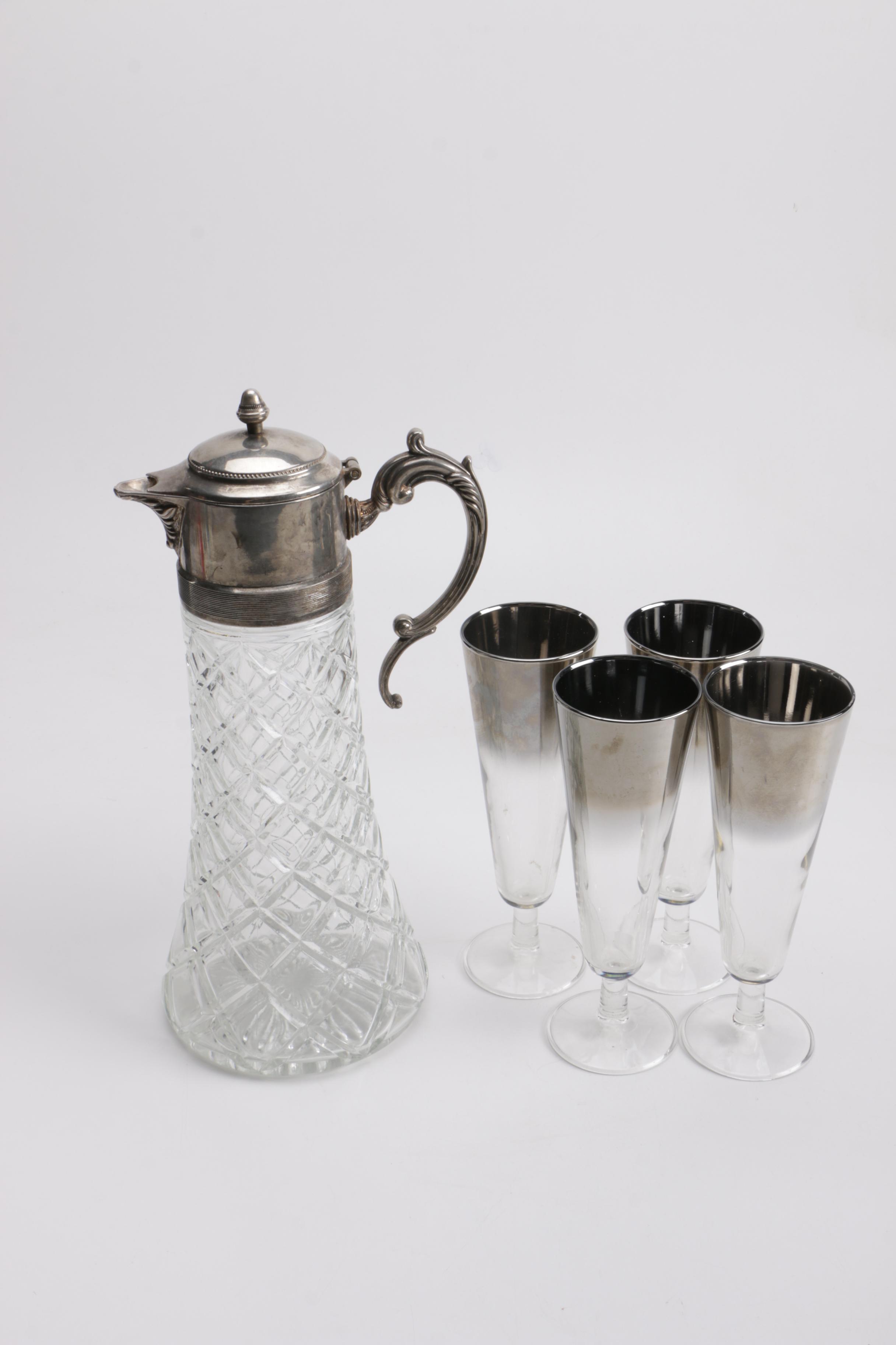 Glass and Metallic Cordial Glasses and Pitcher