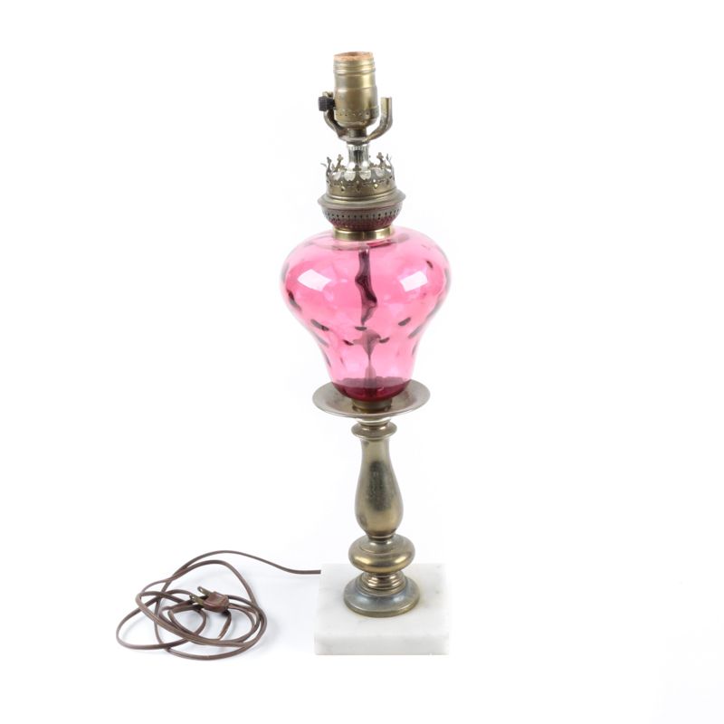 Antiqued Brass and Cranberry Glass Lamp