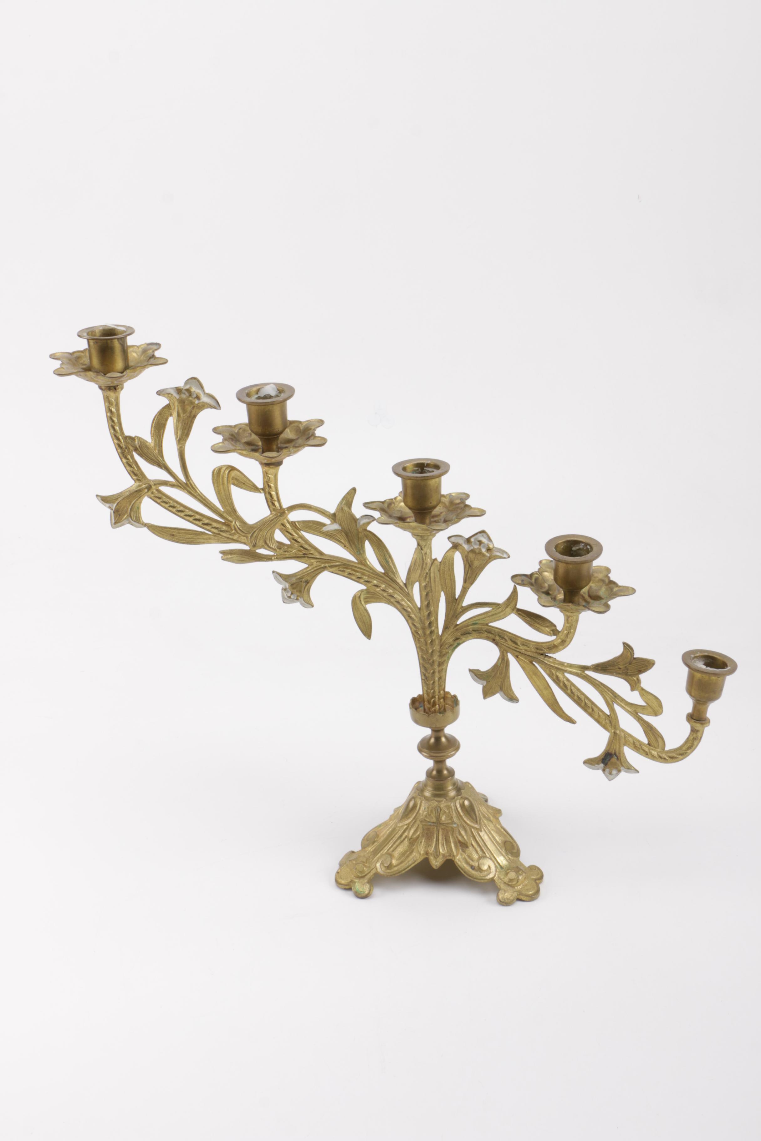 Tiered Brass Candelabra With Cross and Fleur-de-Lis Petals