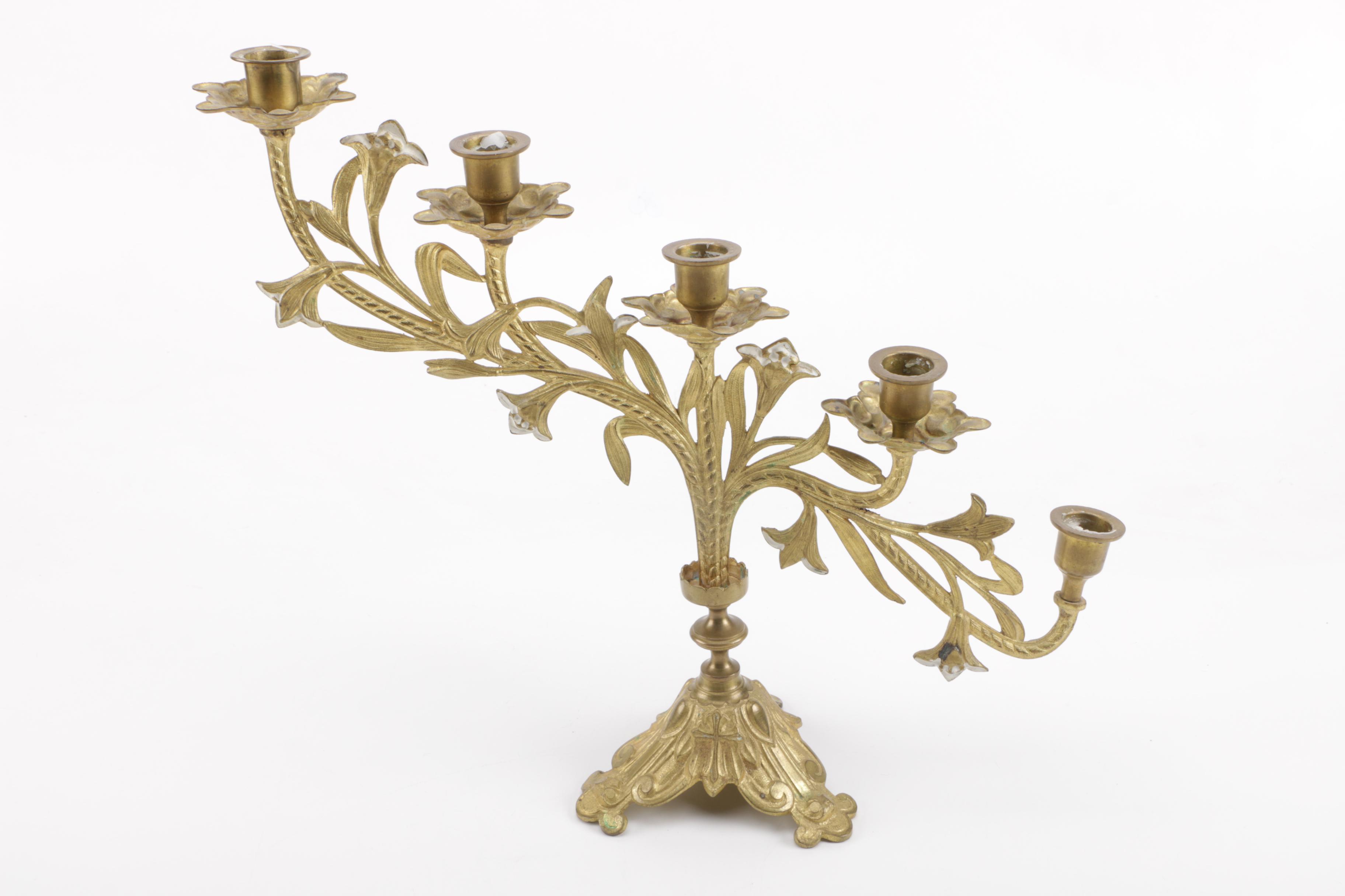 Tiered Brass Candelabra With Cross and Fleur-de-Lis Petals