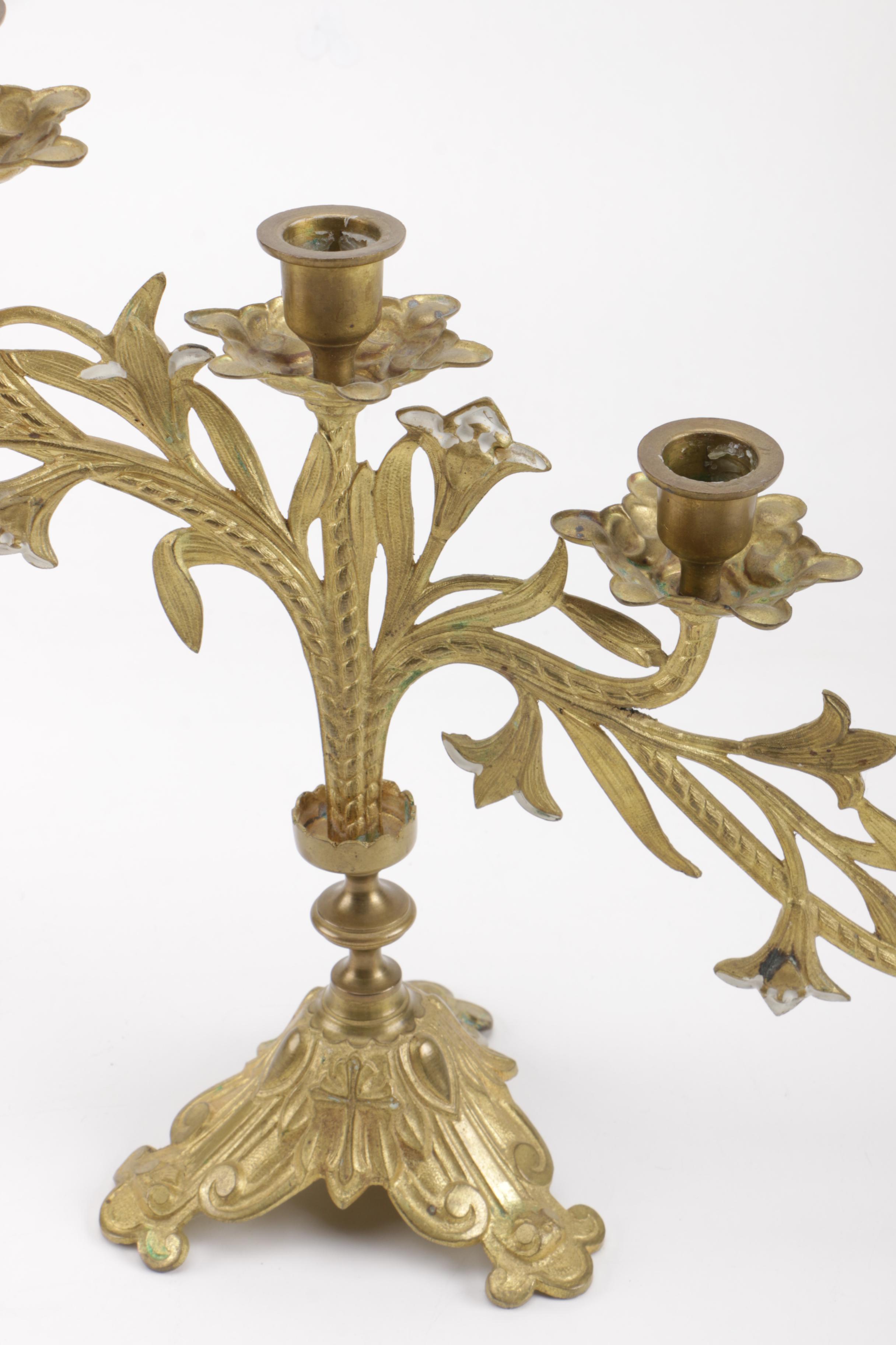 Tiered Brass Candelabra With Cross and Fleur-de-Lis Petals