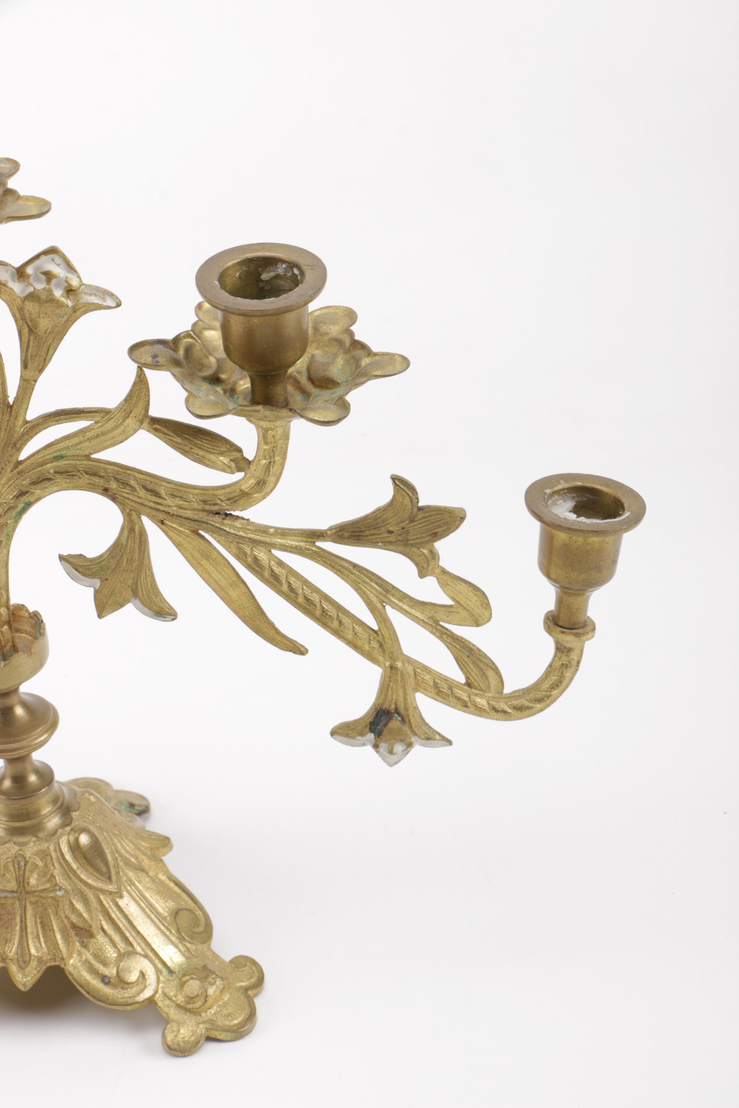Tiered Brass Candelabra With Cross and Fleur-de-Lis Petals