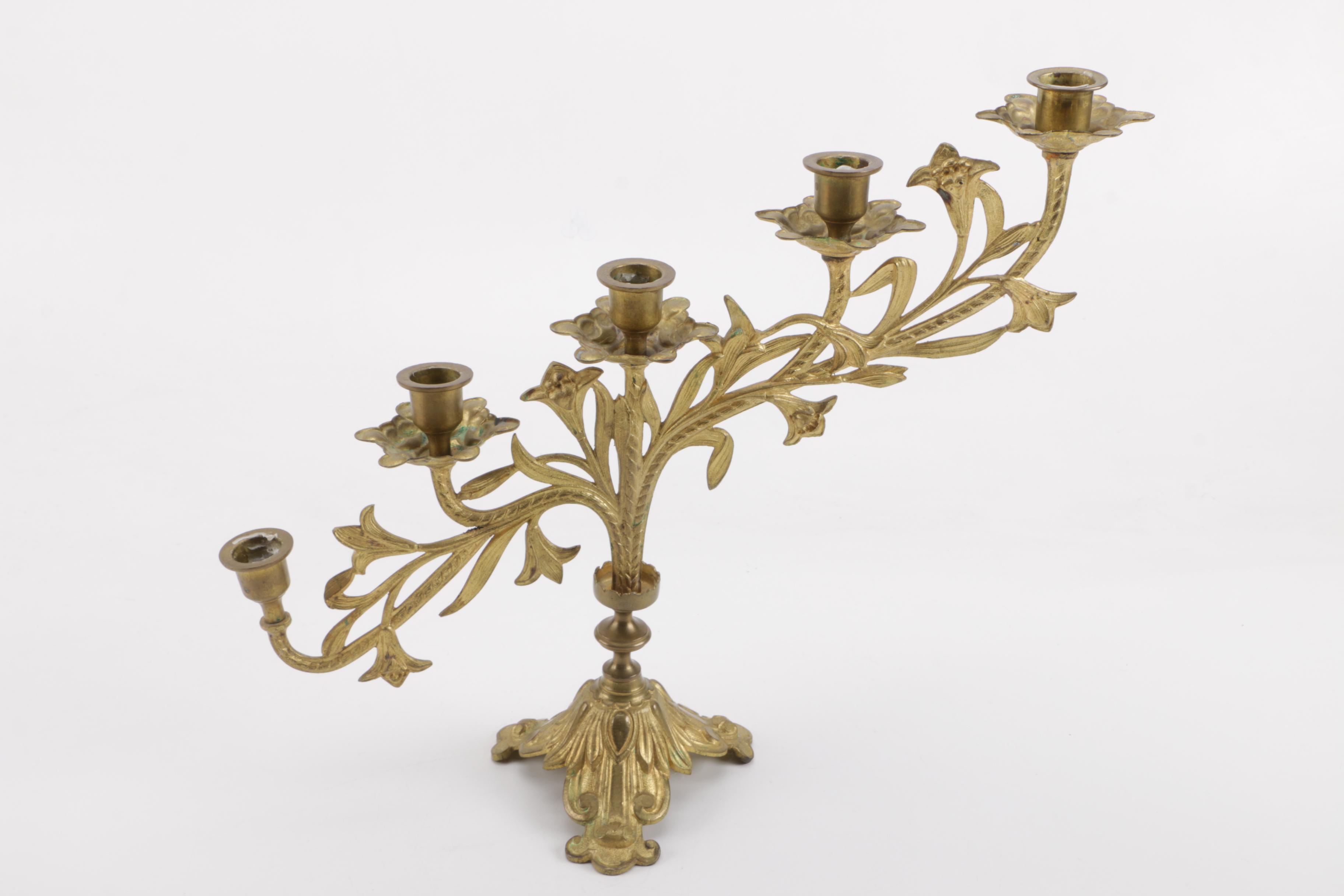 Tiered Brass Candelabra With Cross and Fleur-de-Lis Petals