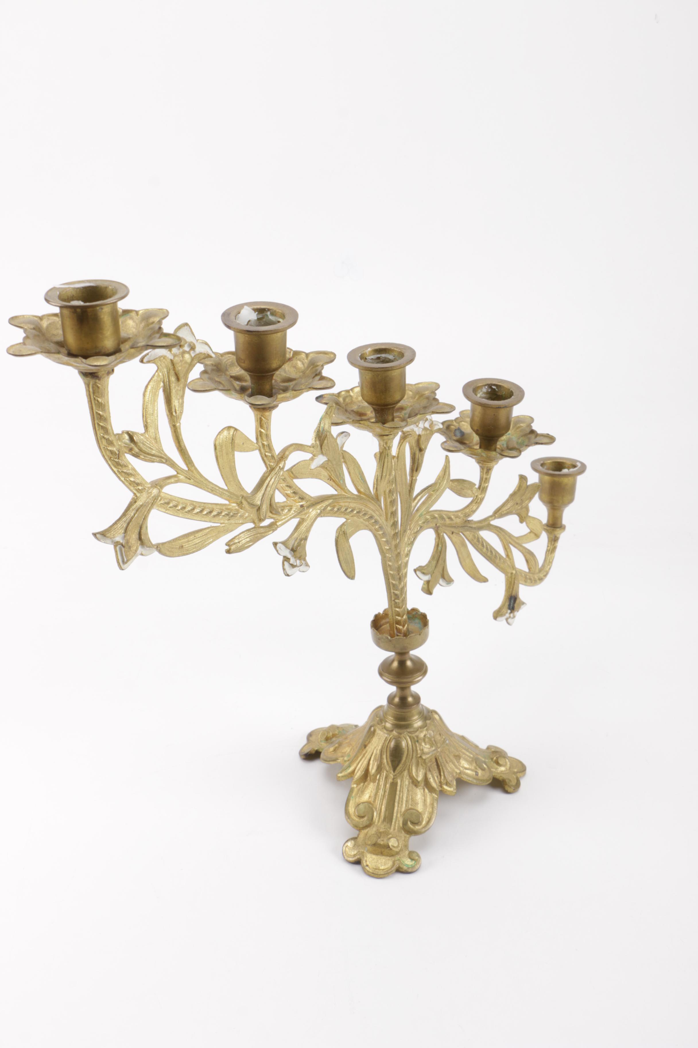 Tiered Brass Candelabra With Cross and Fleur-de-Lis Petals