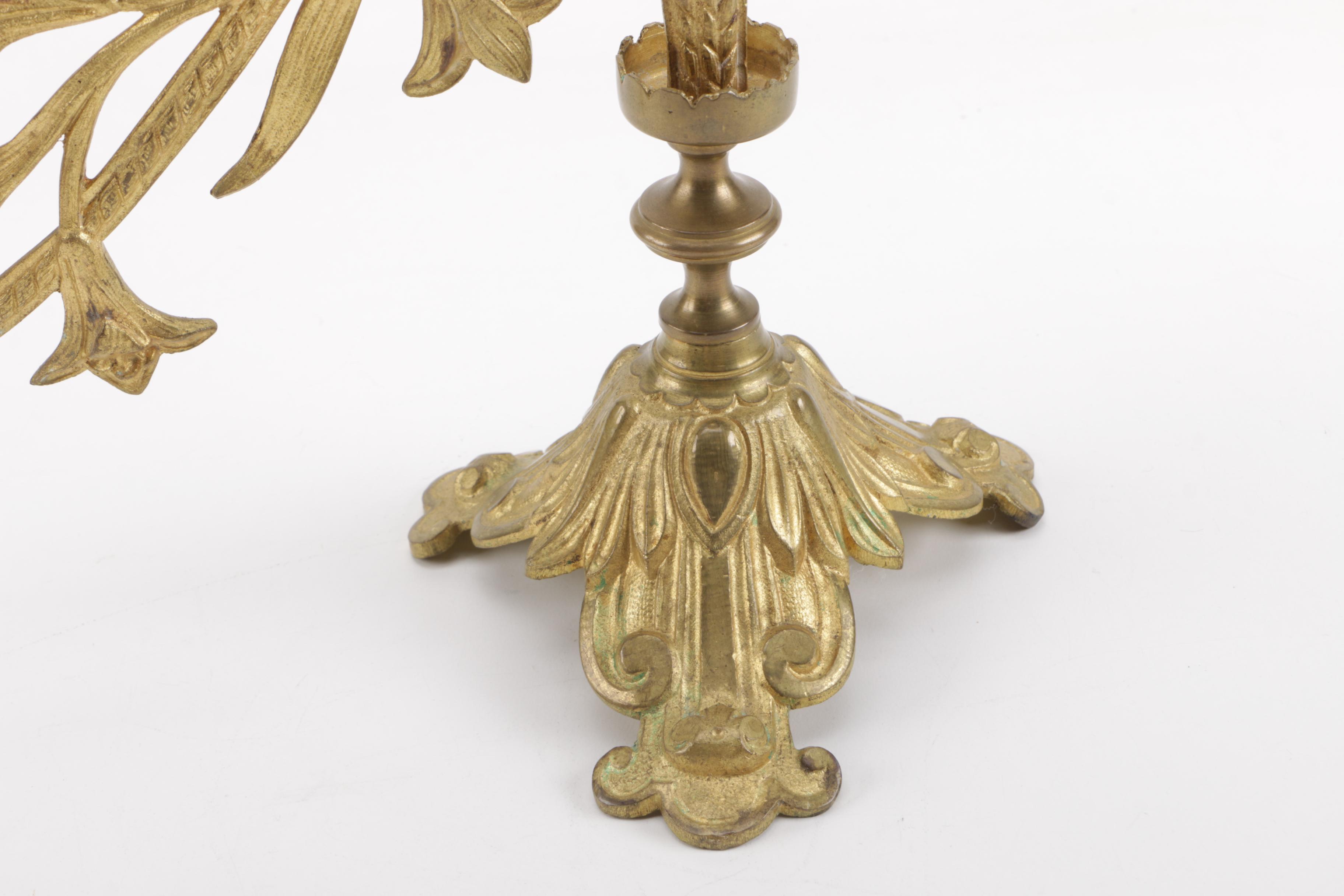 Tiered Brass Candelabra With Cross and Fleur-de-Lis Petals