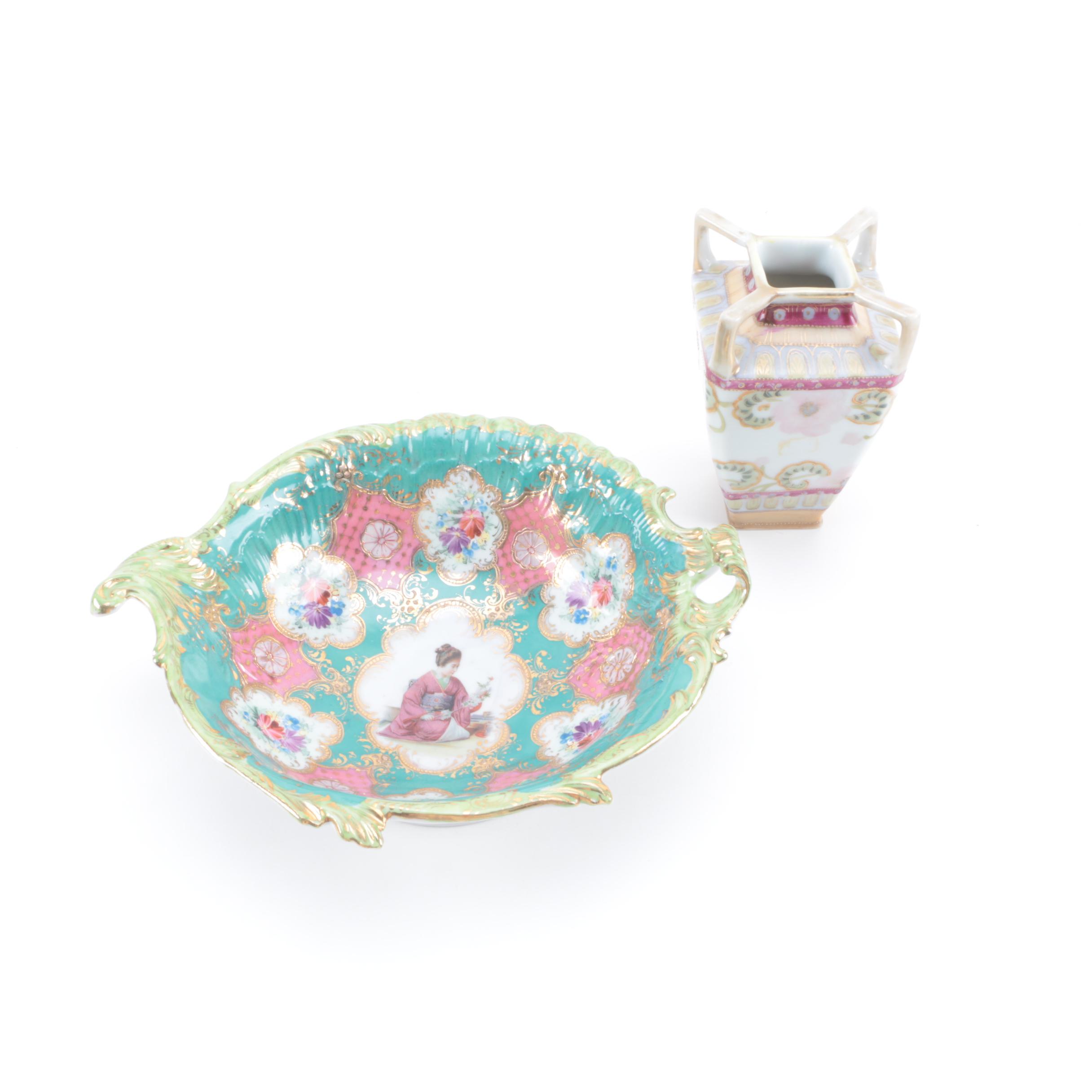 Nippon Porcelain Vase and a Moriage Portrait Bowl