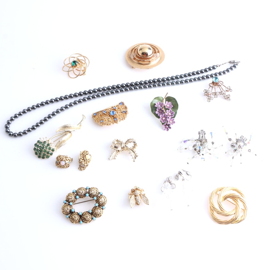 Assortment of Costume Jewelry Including a Coro and Sterling Silver Brooch